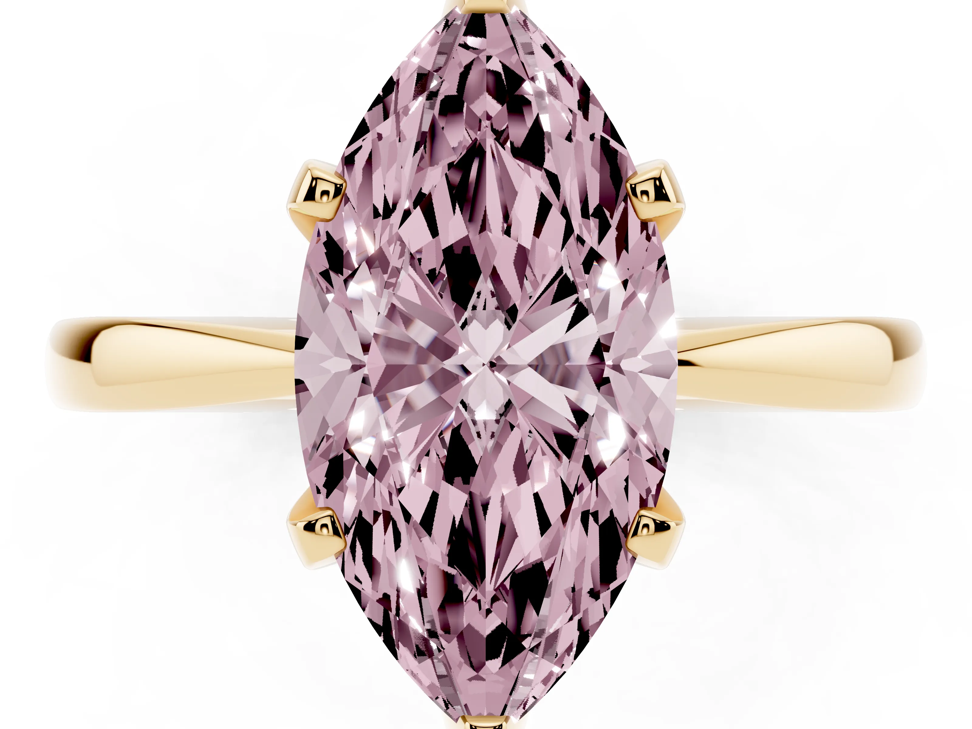 Fancy Pink Marquise Cut Diamond Solitaire Engagement Ring Set in Yellow gold with Slim Tapered Solitaire Band