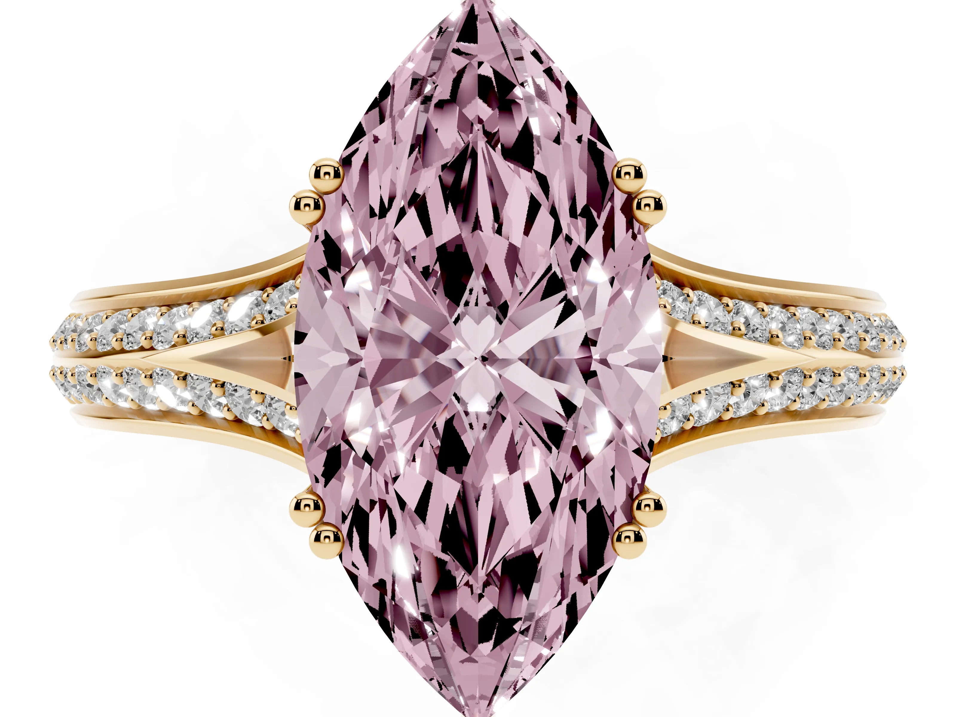 Fancy Pink Marquise Cut Diamond Split Shank Pavé Engagement Ring Set in Yellow gold with Prong-Set Center Stone