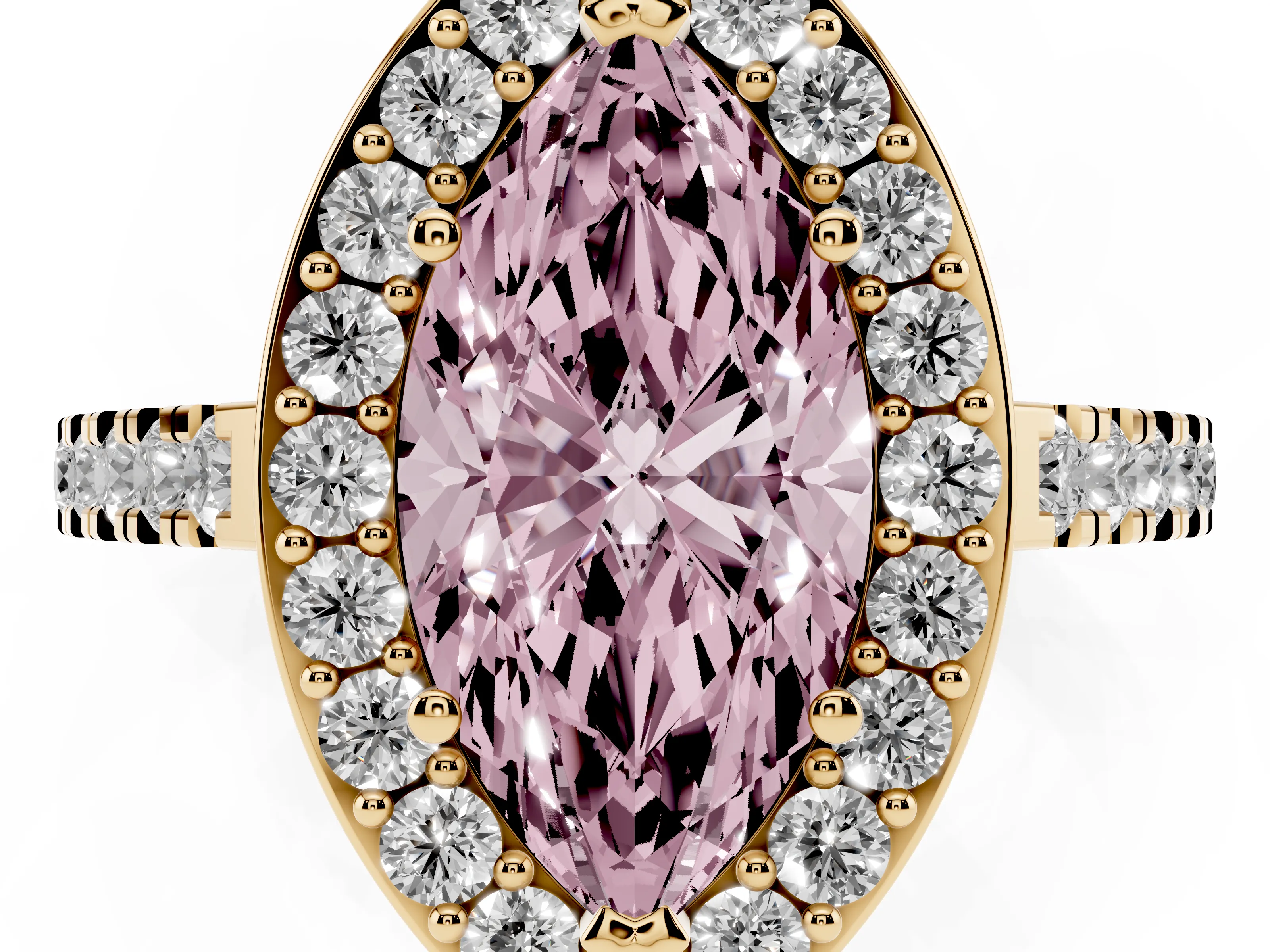 Fancy Pink Marquise Cut Diamond Halo Ring Set in Yellow gold with Round Pavé Split Shank and Prong Setting