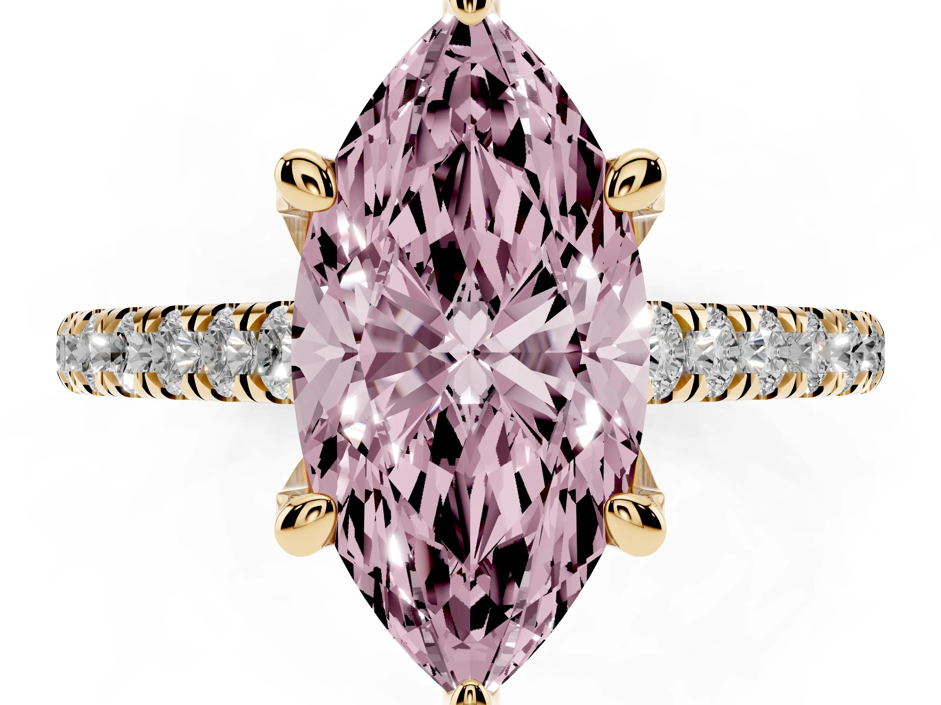 Fancy Pink Marquise Cut Diamond Solitaire Ring Set in Yellow gold with Brilliant Pavé Band and Prong Setting