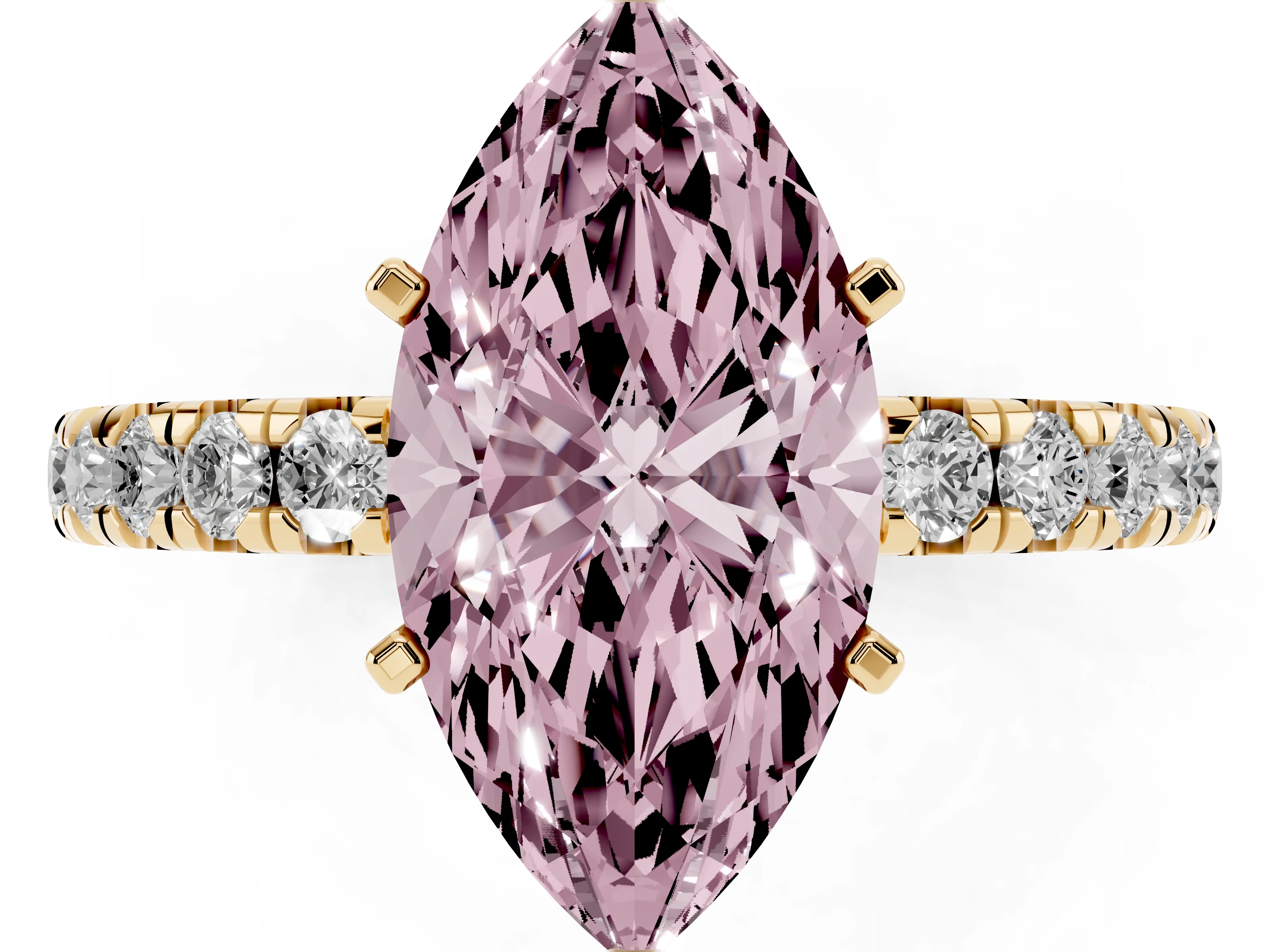 Fancy Pink Marquise Cut Diamond Pavé Solitaire Ring Set in Yellow gold with Round Band and Prong Setting