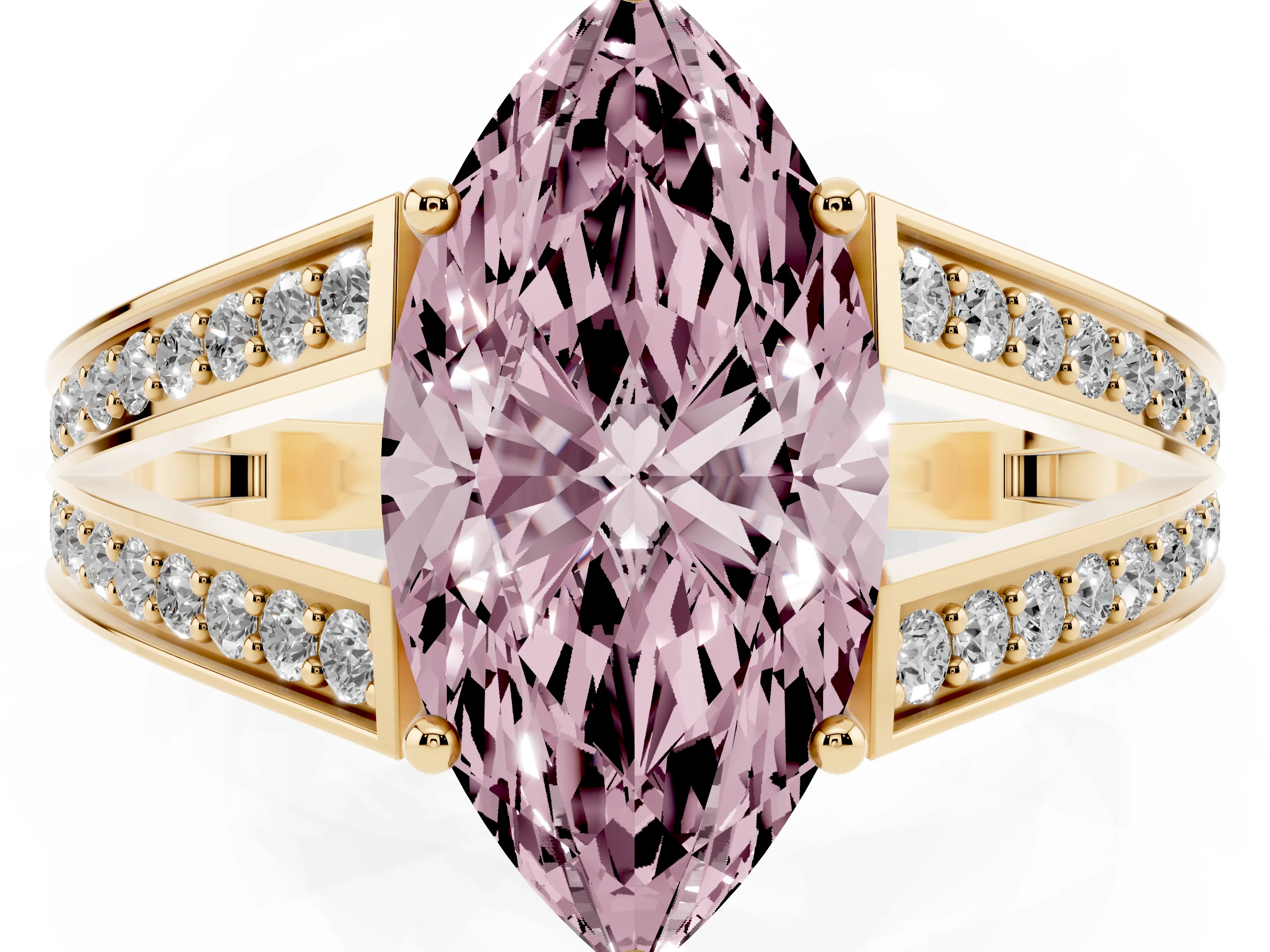Fancy Pink Marquise Cut Diamond Split Shank Ring Set in Yellow gold with Pavé Band and Prong Setting