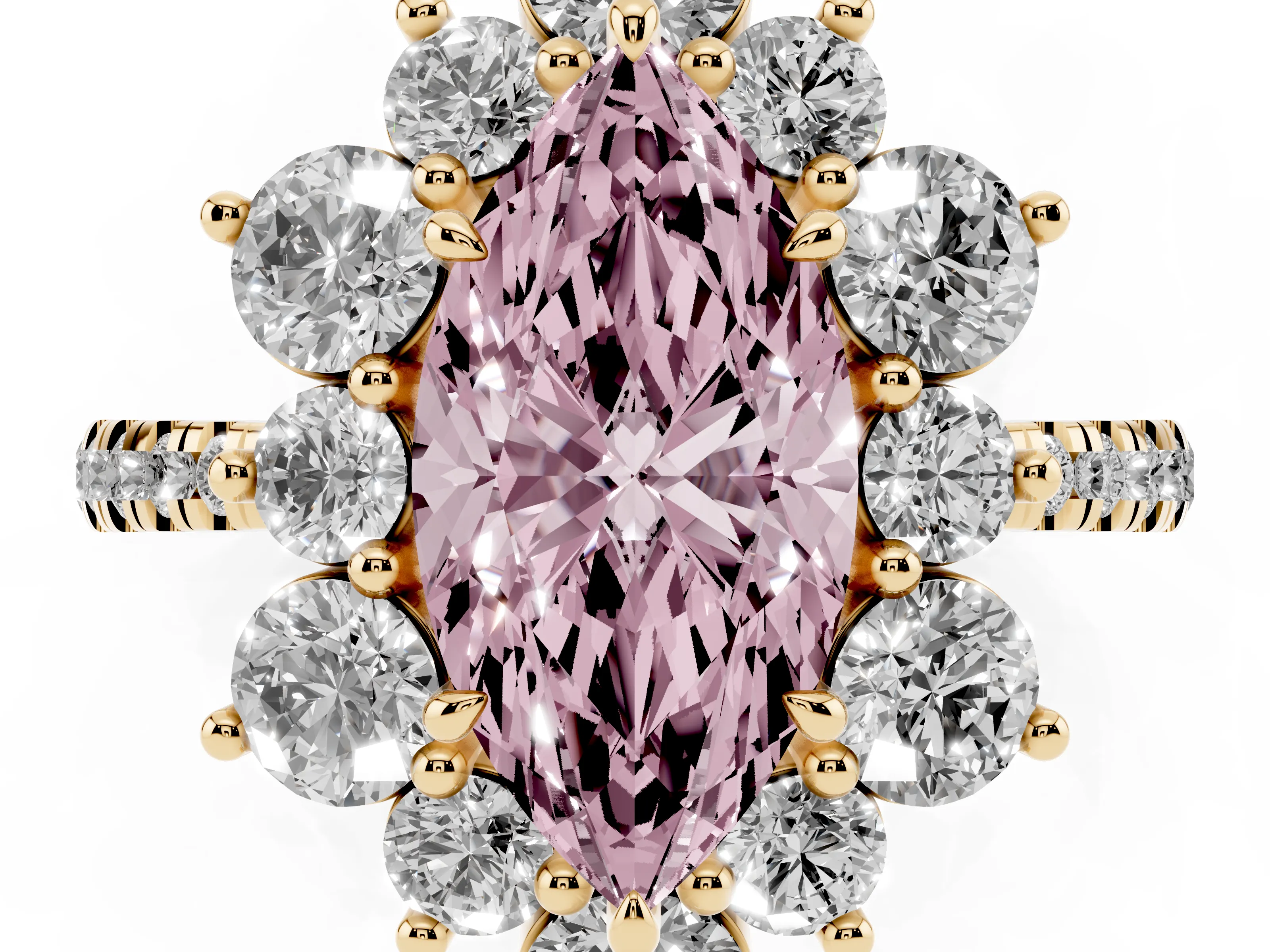 Fancy Pink Marquise Cut Diamond Floral Halo Ring Set in Yellow gold with Round Pavé Band and Prong Setting
