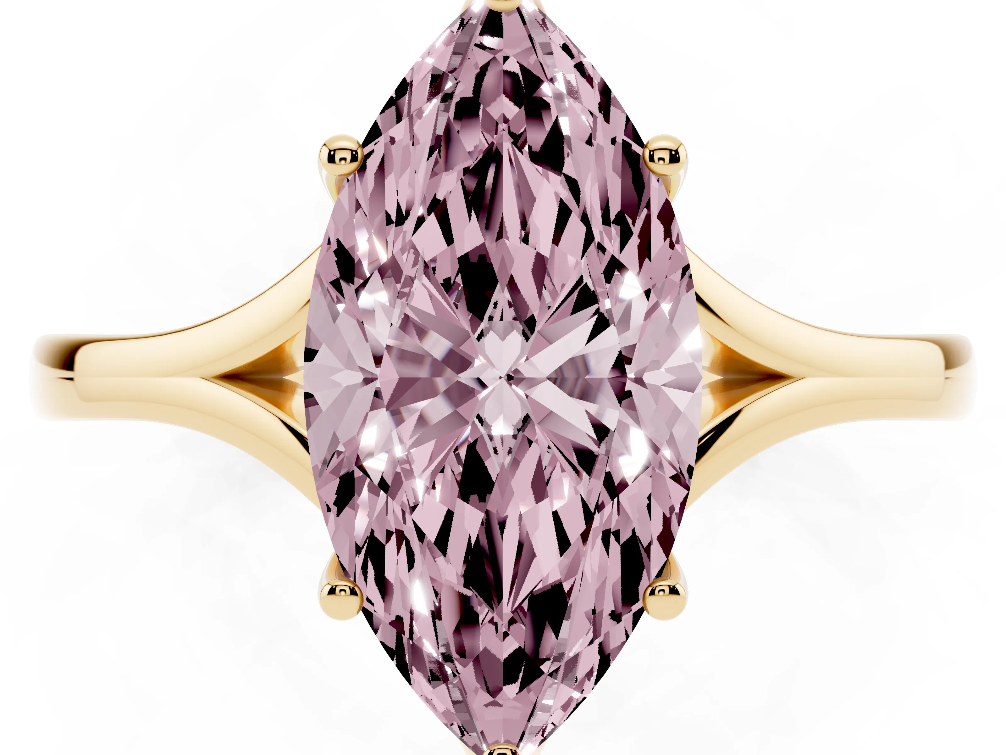 Fancy Pink Marquise Cut Diamond Solitaire Ring Set in Yellow gold with Polished Tapered Band and Prong Setting