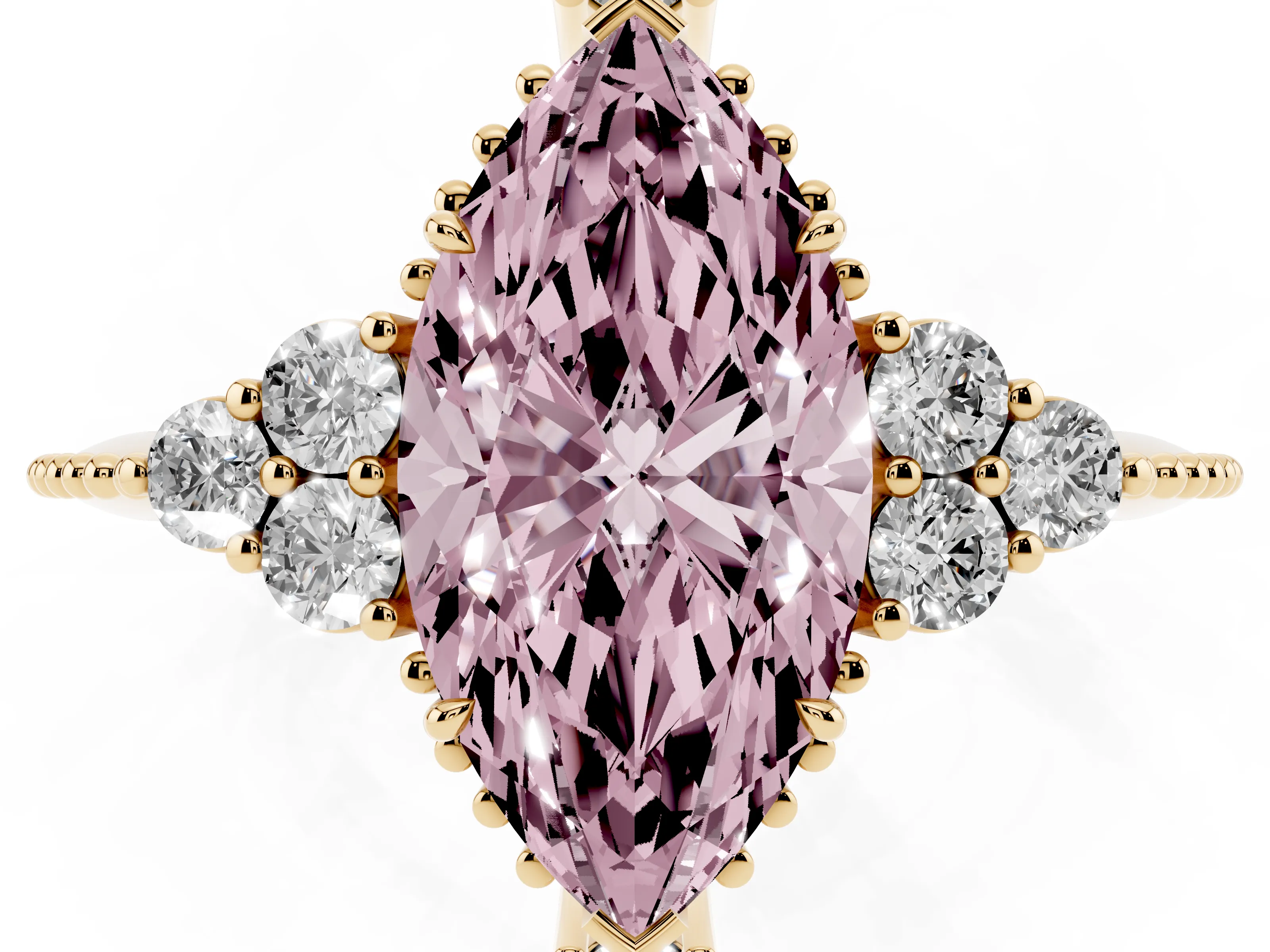 Fancy Pink Marquise Cut Diamond Cluster Ring Set in Yellow gold with Beaded Band
