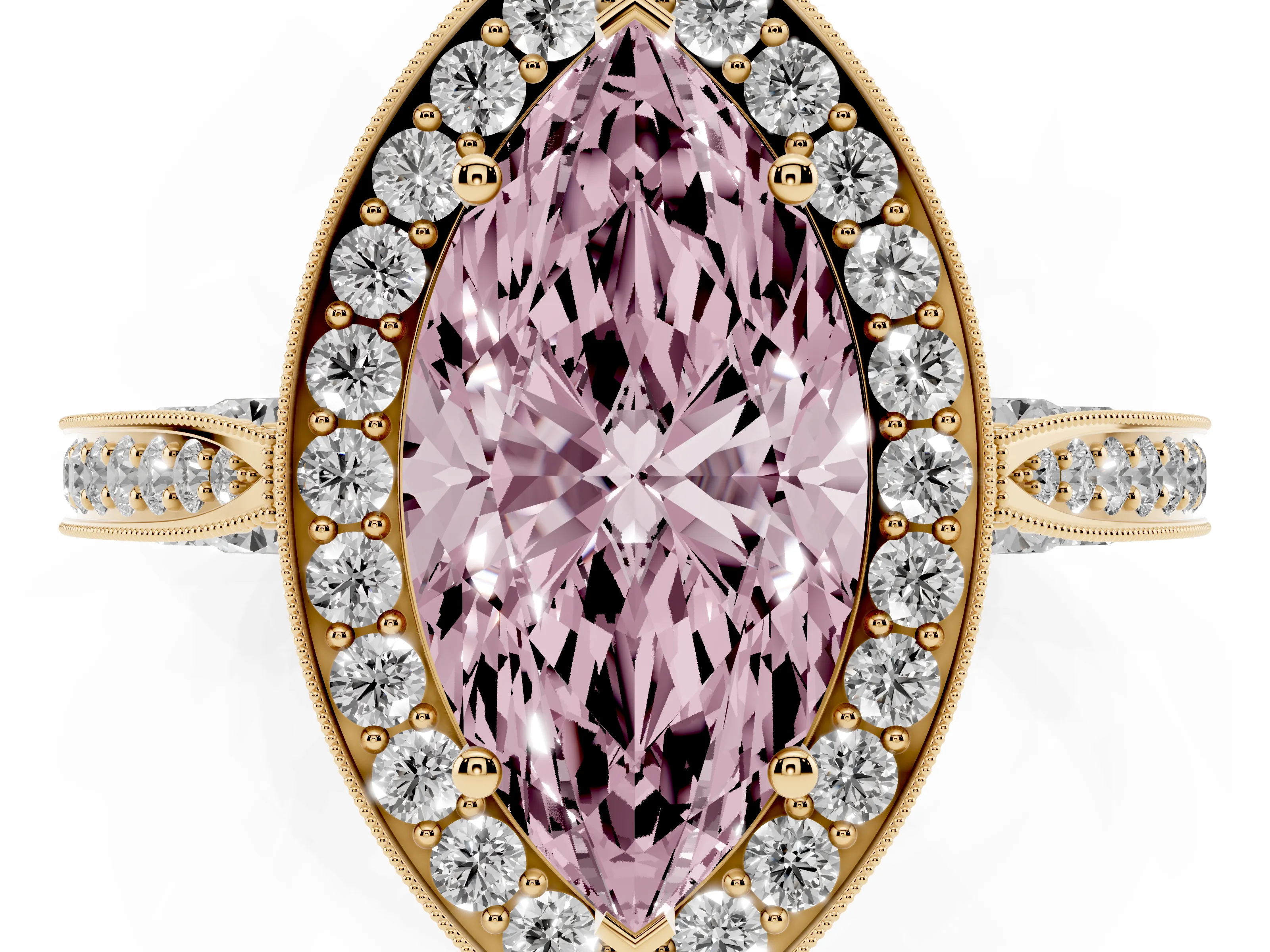 Fancy Pink Marquise Cut Diamond Halo Engagement Ring Set in Yellow gold with Accent Split Shank Band