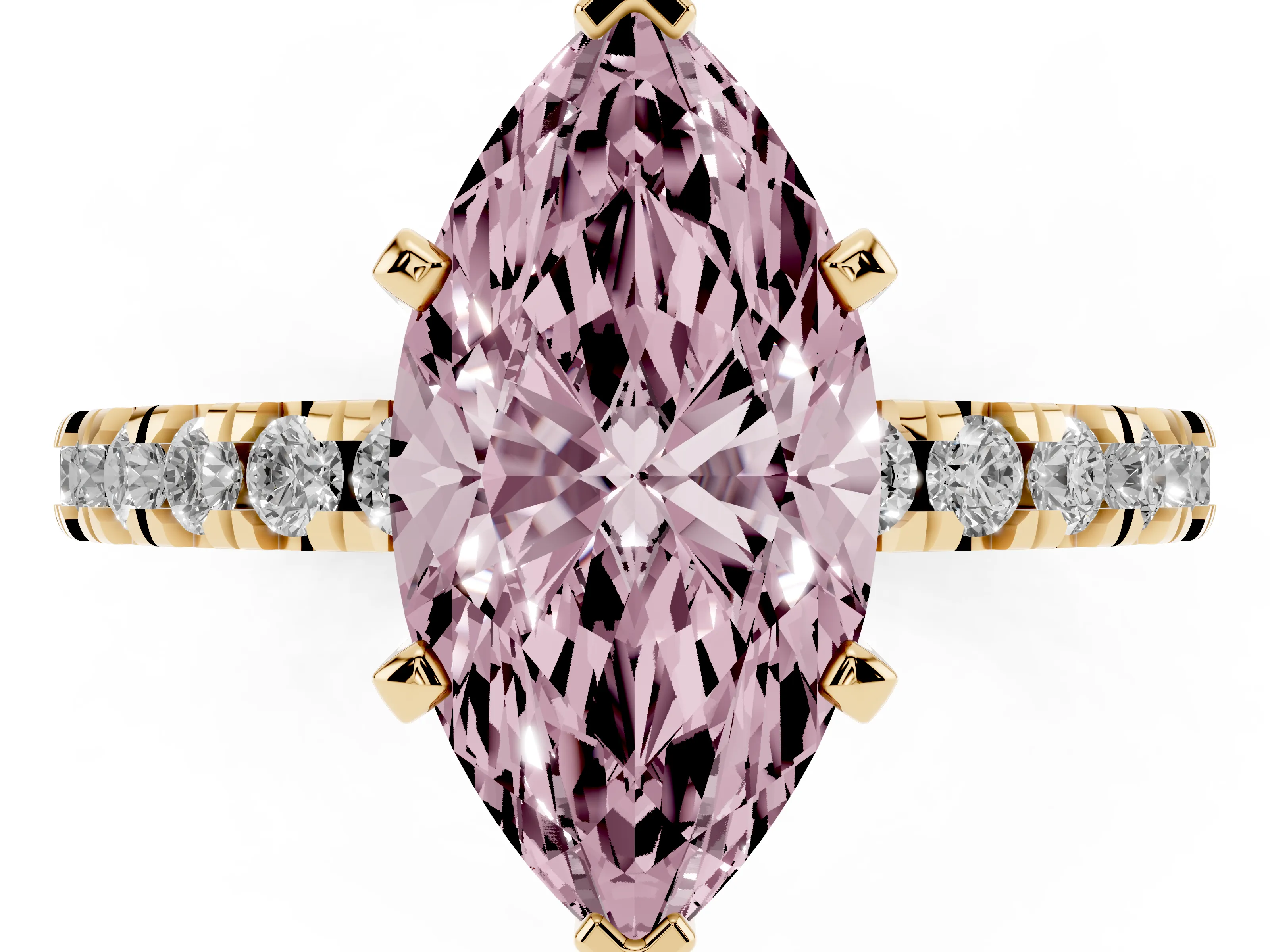 Fancy Pink Marquise Cut Diamond Pavé Band Solitaire Set in Yellow gold with Prong Setting