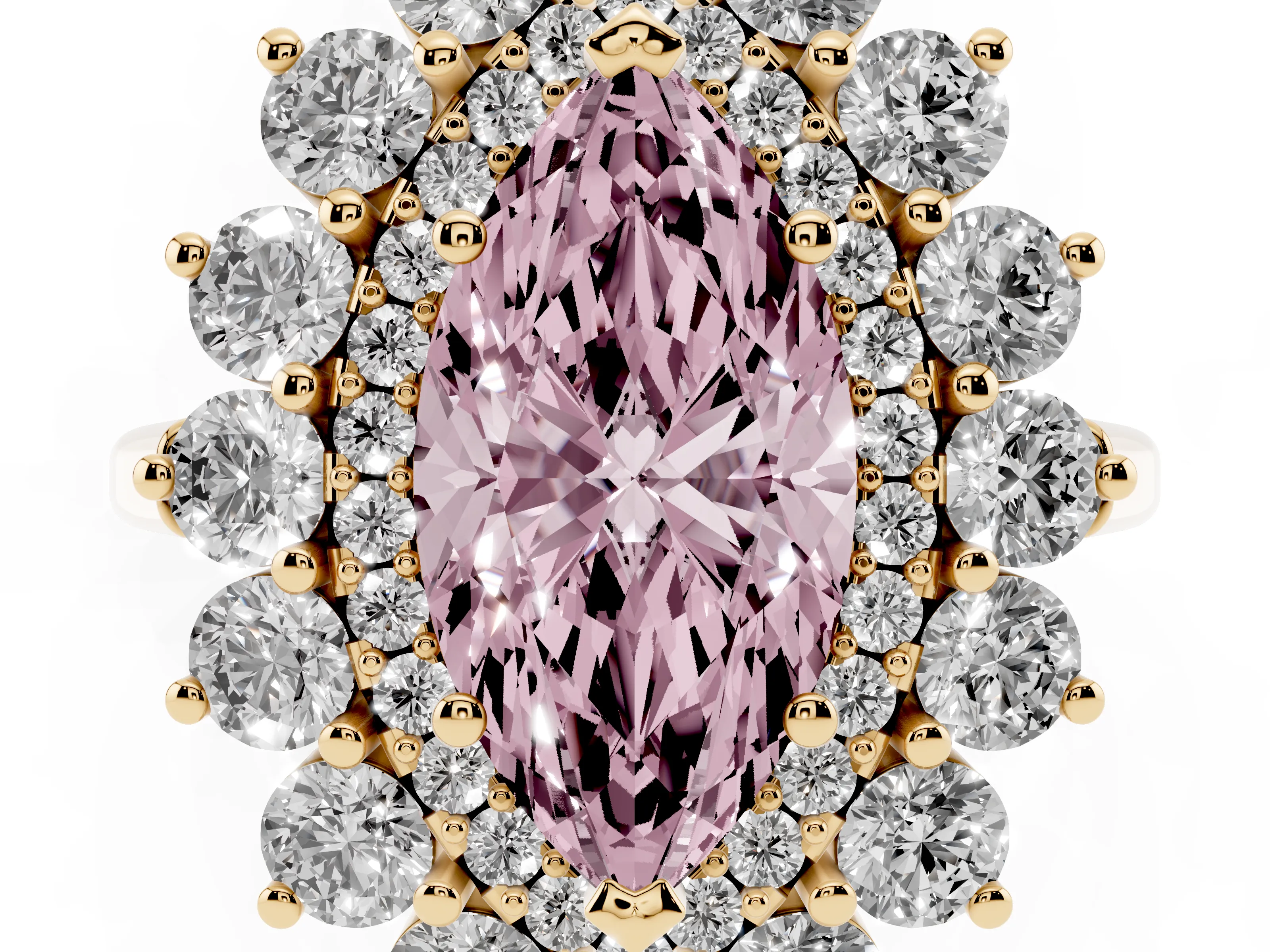 Fancy Pink Marquise Cut Diamond Floral Double Halo Ring Set in Yellow gold with Round Petals