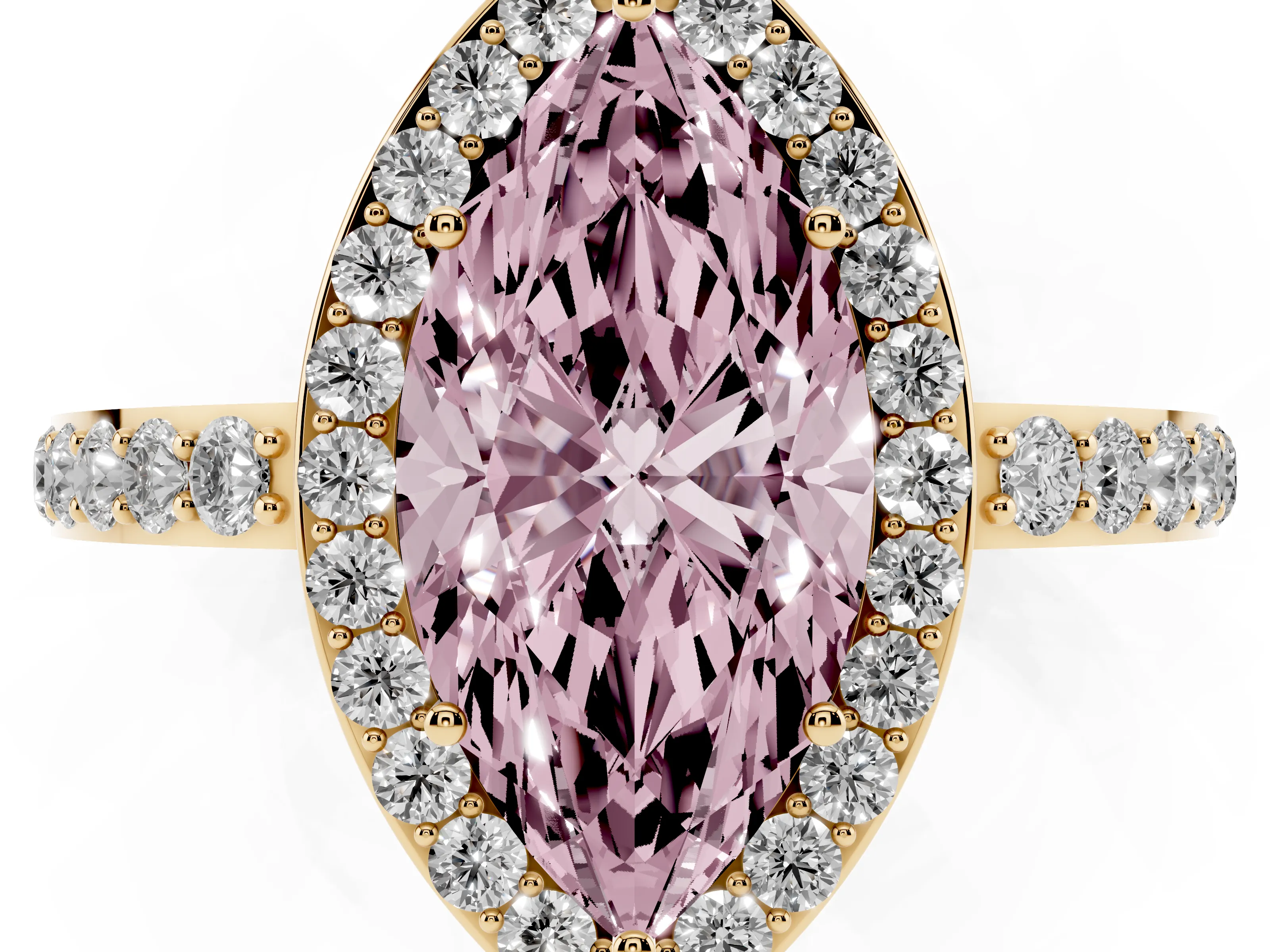 Fancy Pink Marquise Cut Diamond Halo Ring Set in Yellow gold with Pavé-Setting Band and Open Prong Center