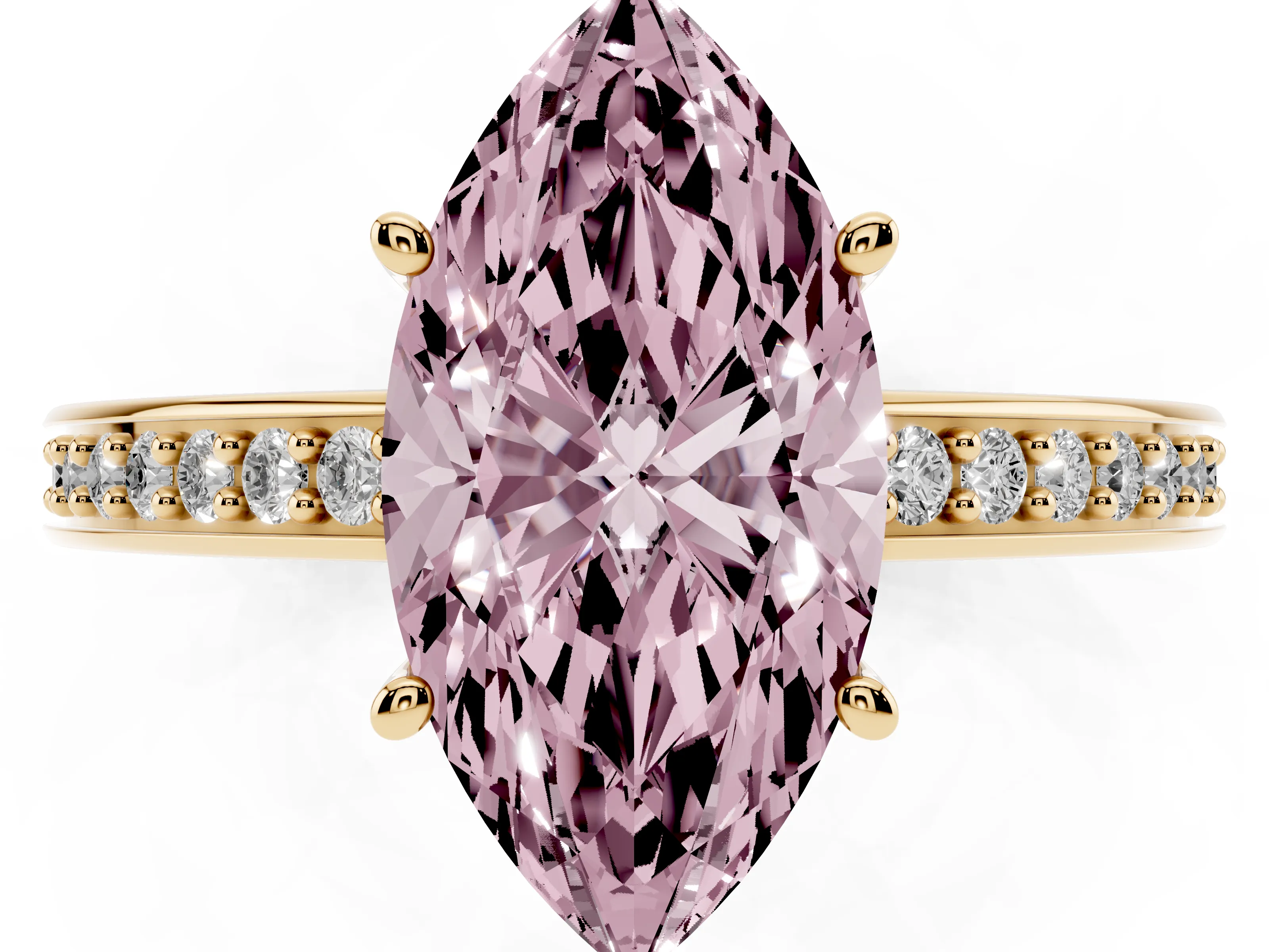 Fancy Pink Marquise Cut Diamond Pavé Band Prong Set Solitaire Ring Set in Yellow gold
