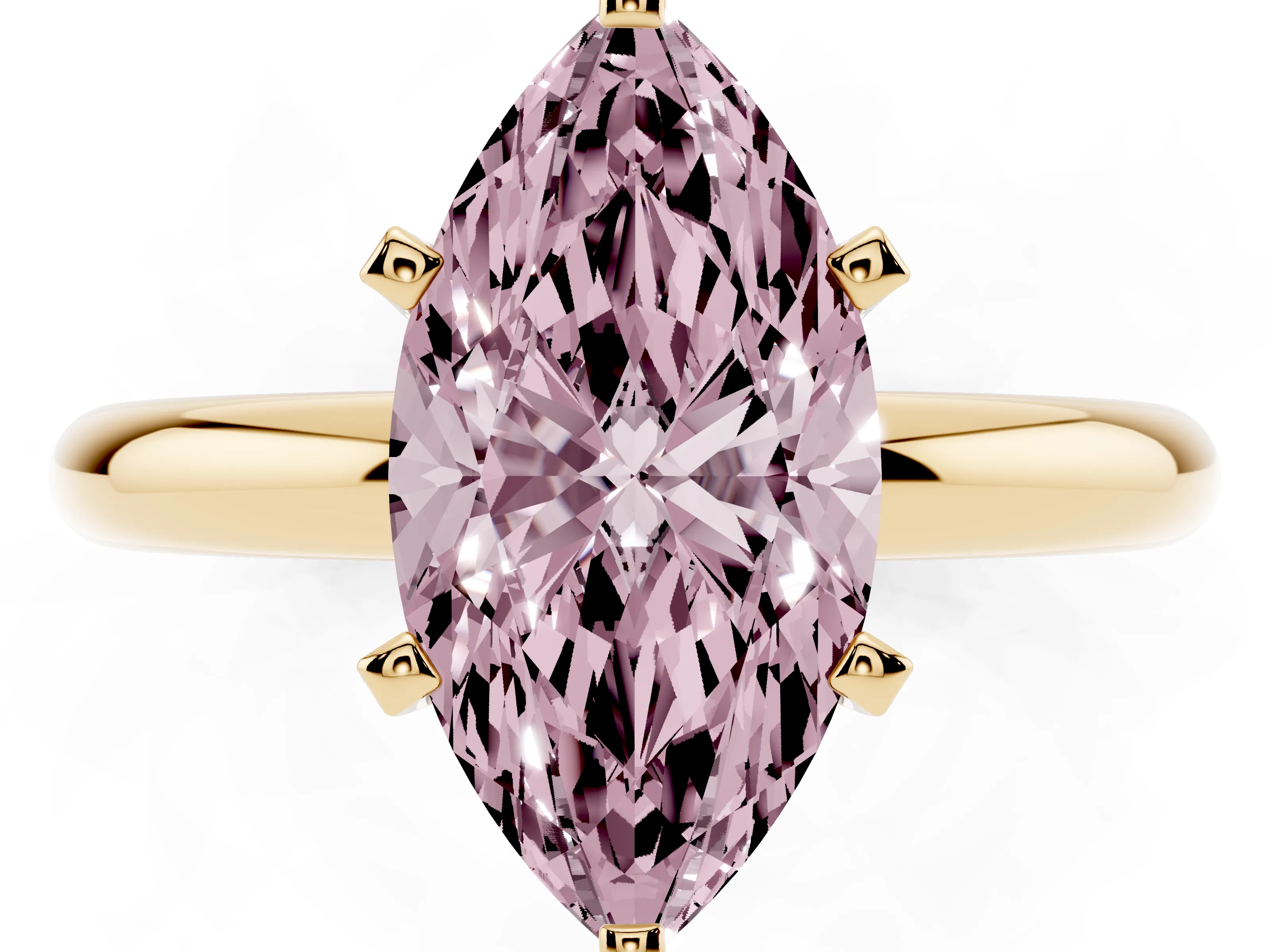 Fancy Pink Marquise Cut Diamond Solitaire Engagement Ring Set in Yellow gold with Round Band and Prong Setting