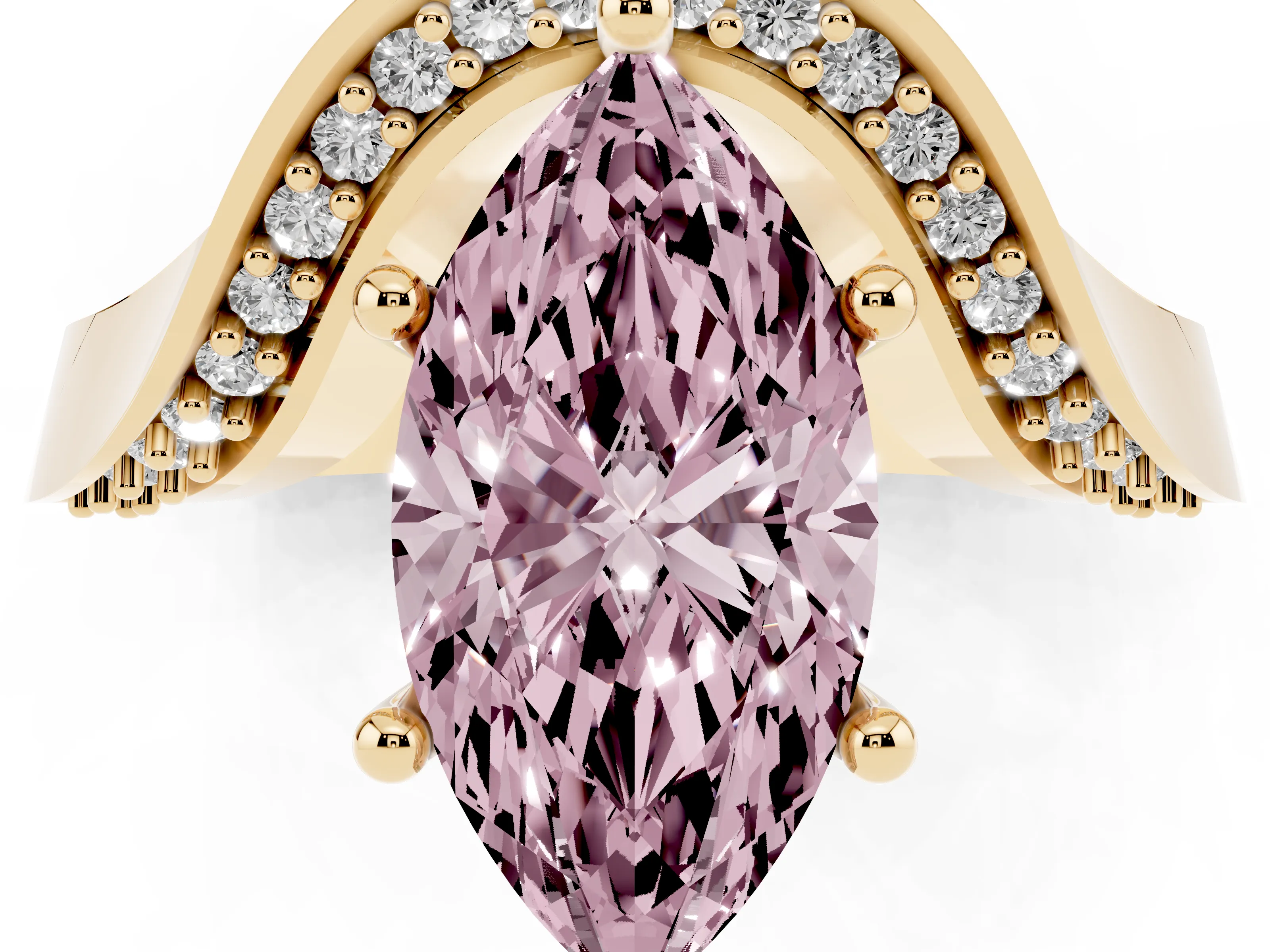 Fancy Pink Marquise Cut Diamond Solitaire Engagement Ring Set in Yellow gold with Pavé Shoulders