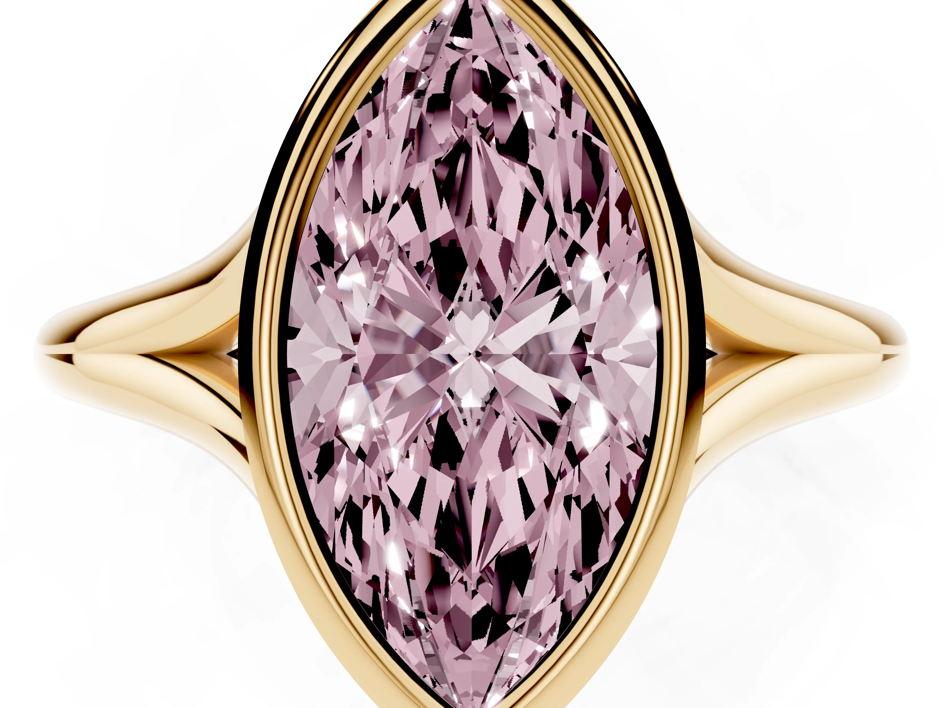 Fancy Pink Bezel Set Marquise Cut Diamond Solitaire Ring Set in Yellow gold with Tapered Band