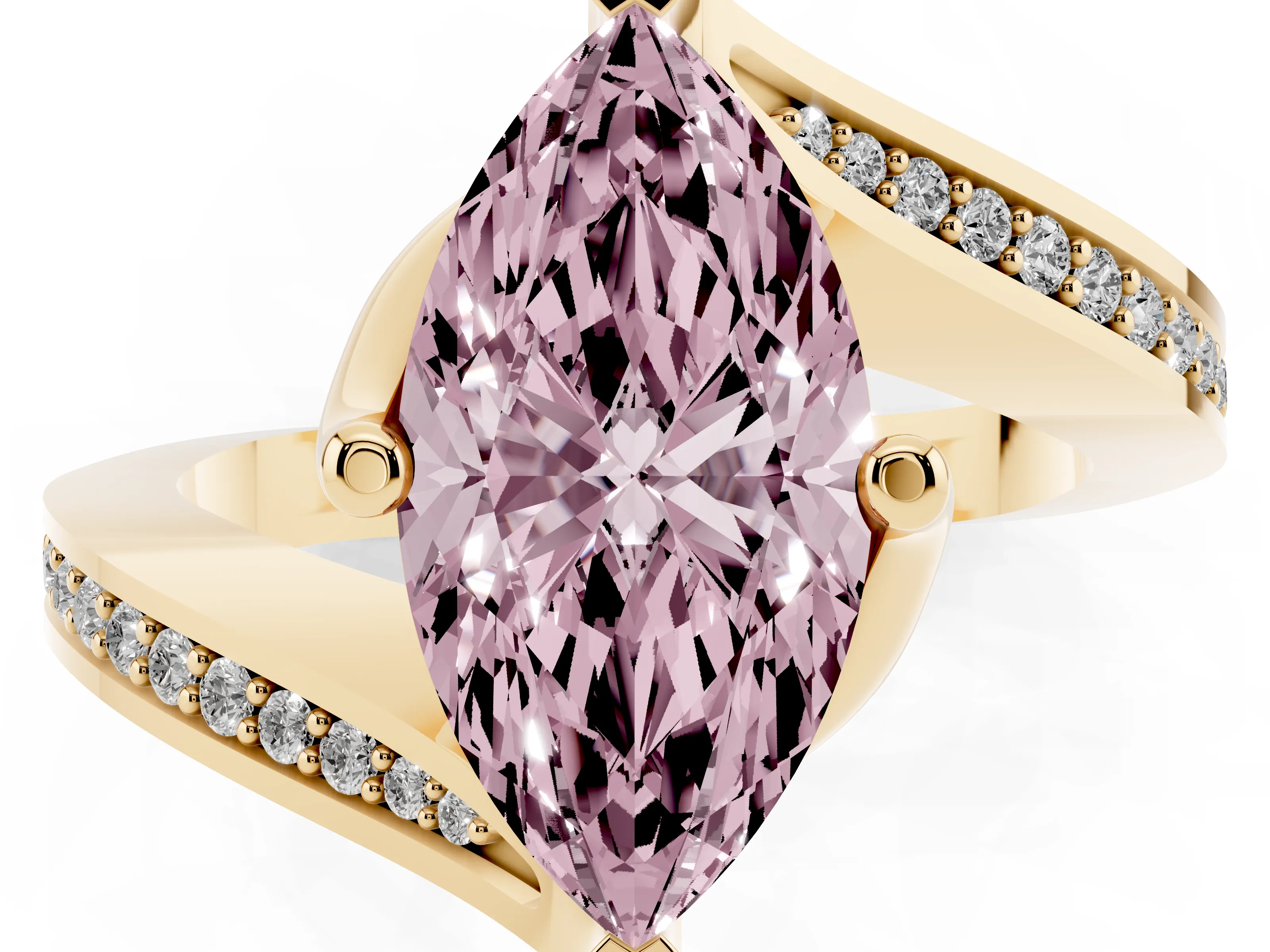 Fancy Pink Marquise Cut Diamond Solitaire Ring Set in Yellow gold with Intertwined Pavé Twist Band