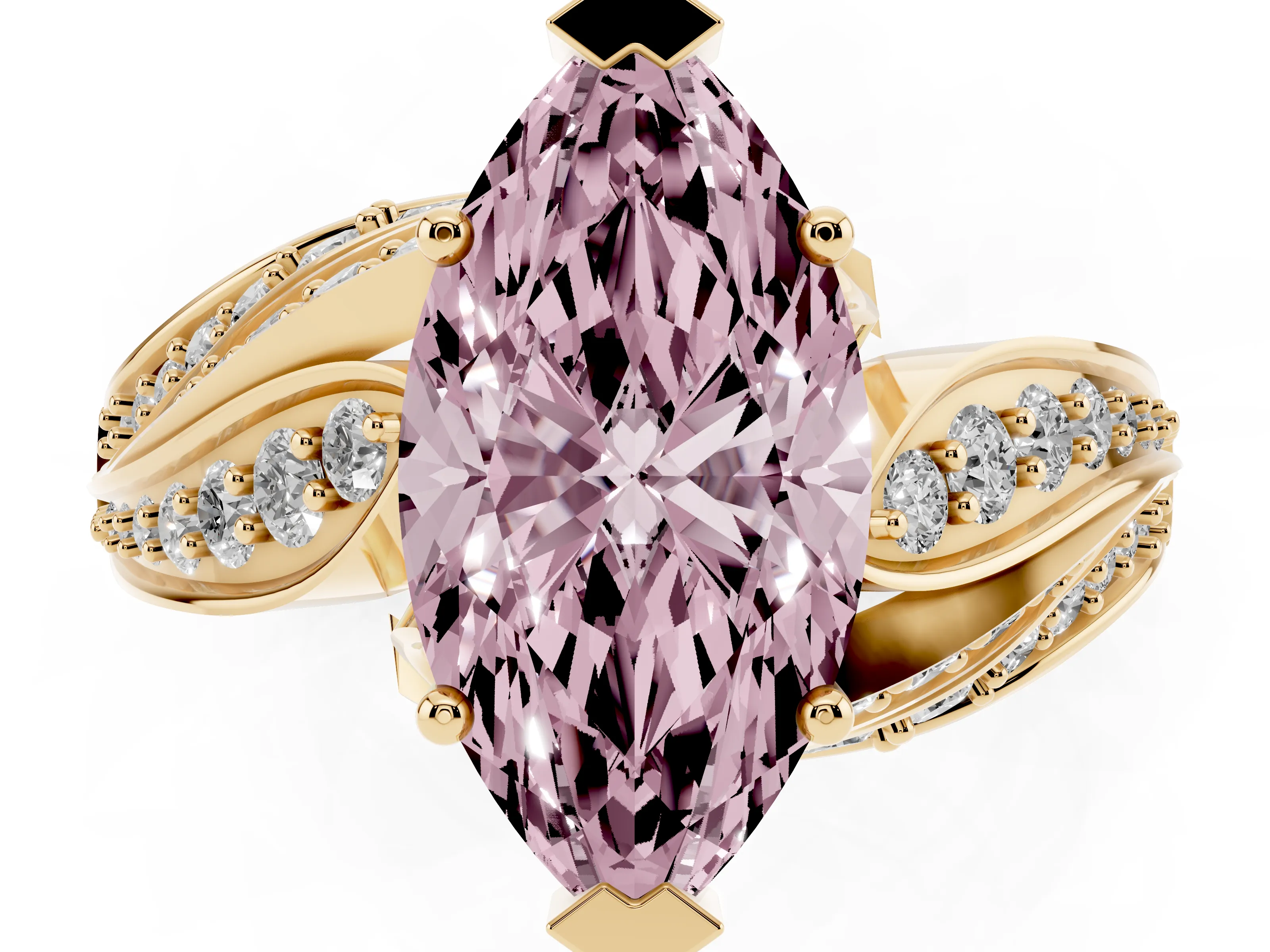 Fancy Pink Marquise Cut Diamond Solitaire Ring Set in Yellow gold with Layered Twist Pavé Band