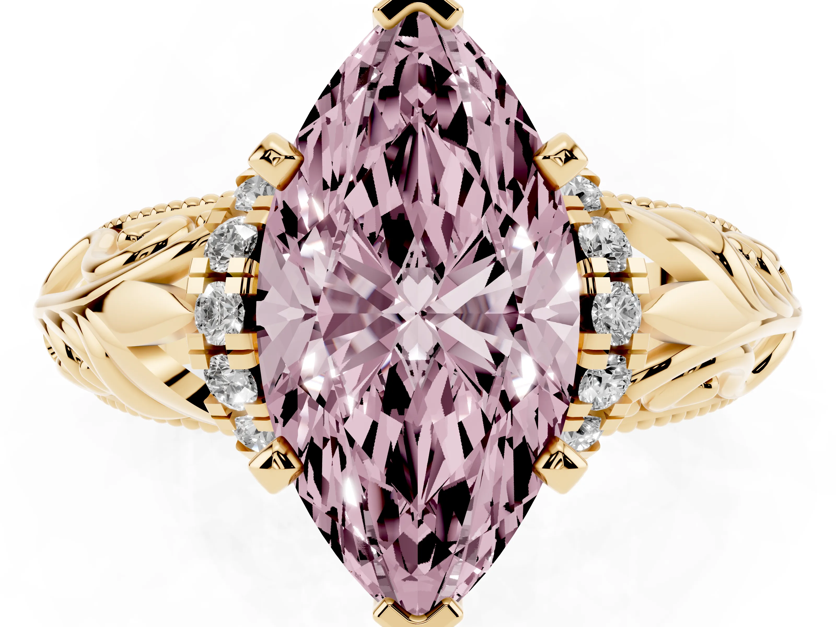 Fancy Pink Marquise Cut Diamond Filigree Halo Engagement Ring Set in Yellow gold with Prong Setting