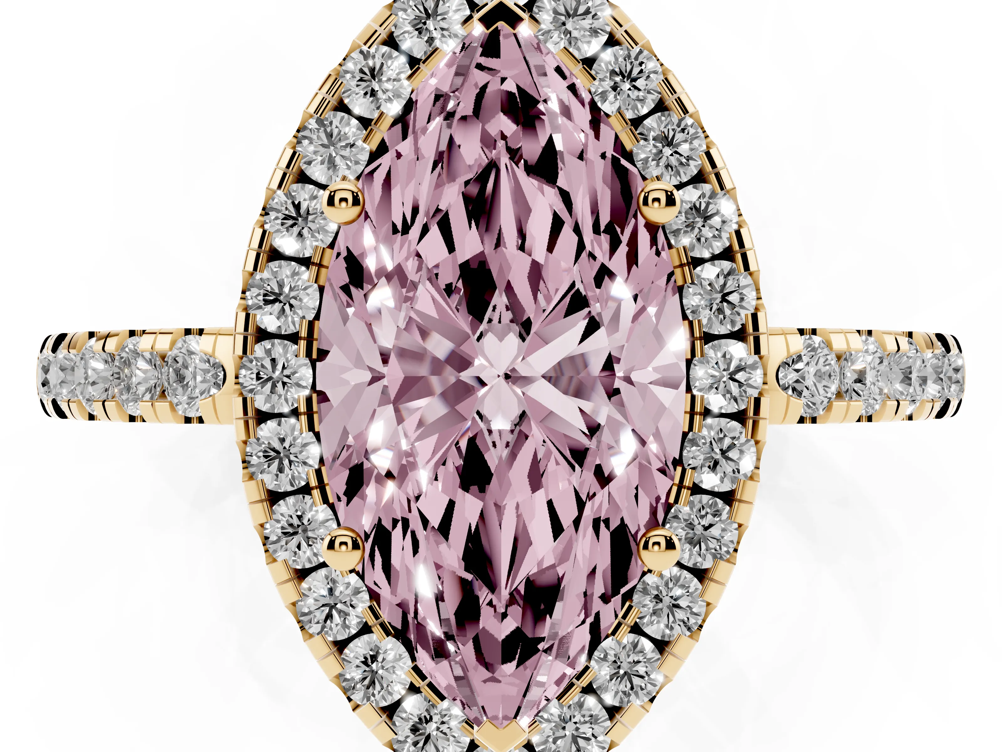 Fancy Pink Marquise Cut Diamond Pavé Band Halo Engagement Ring Set in Yellow gold with Prong Setting