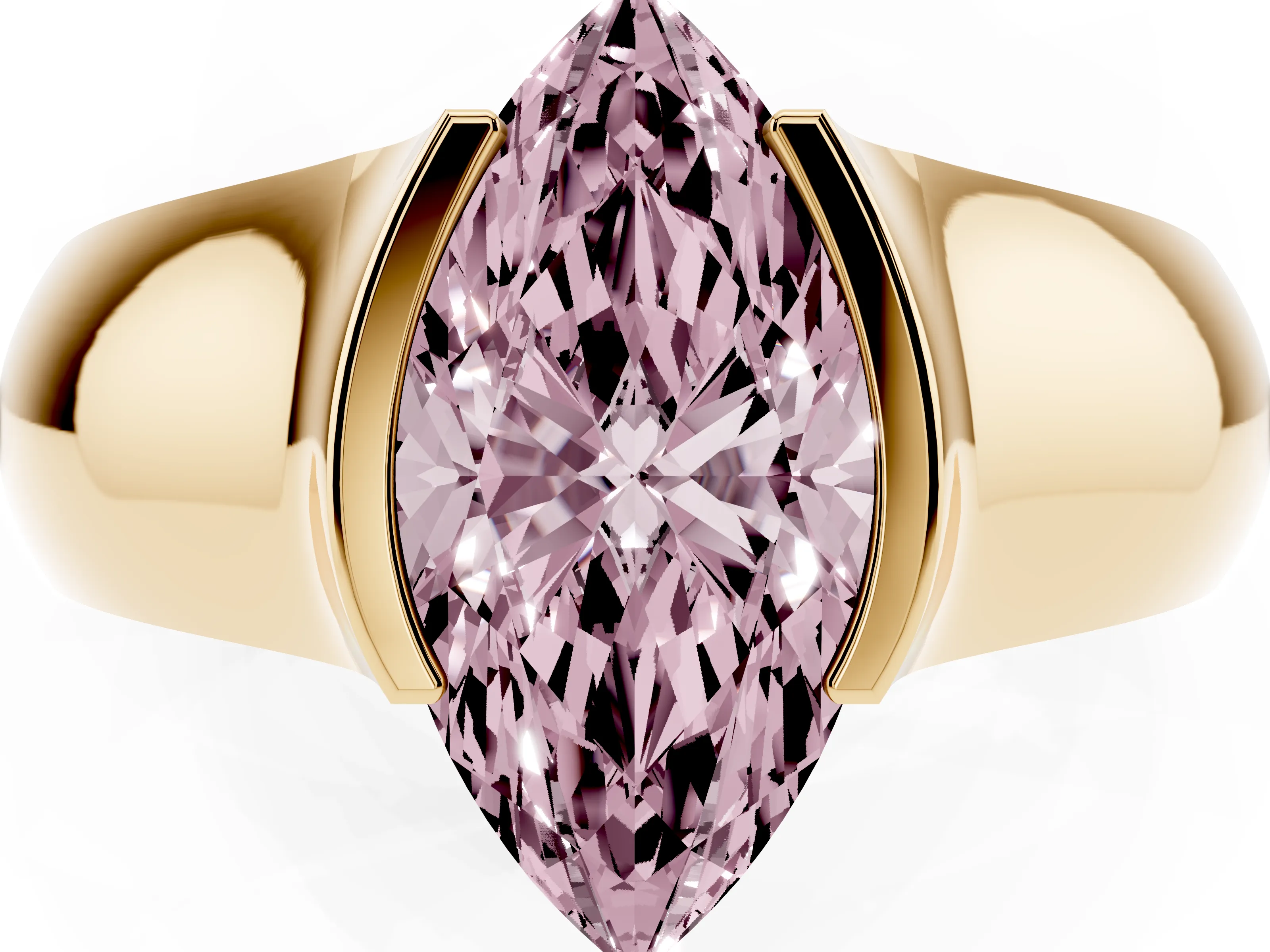 Fancy Pink Marquise Cut Diamond Bezel Solitaire Ring Set in Yellow gold with Wide Band