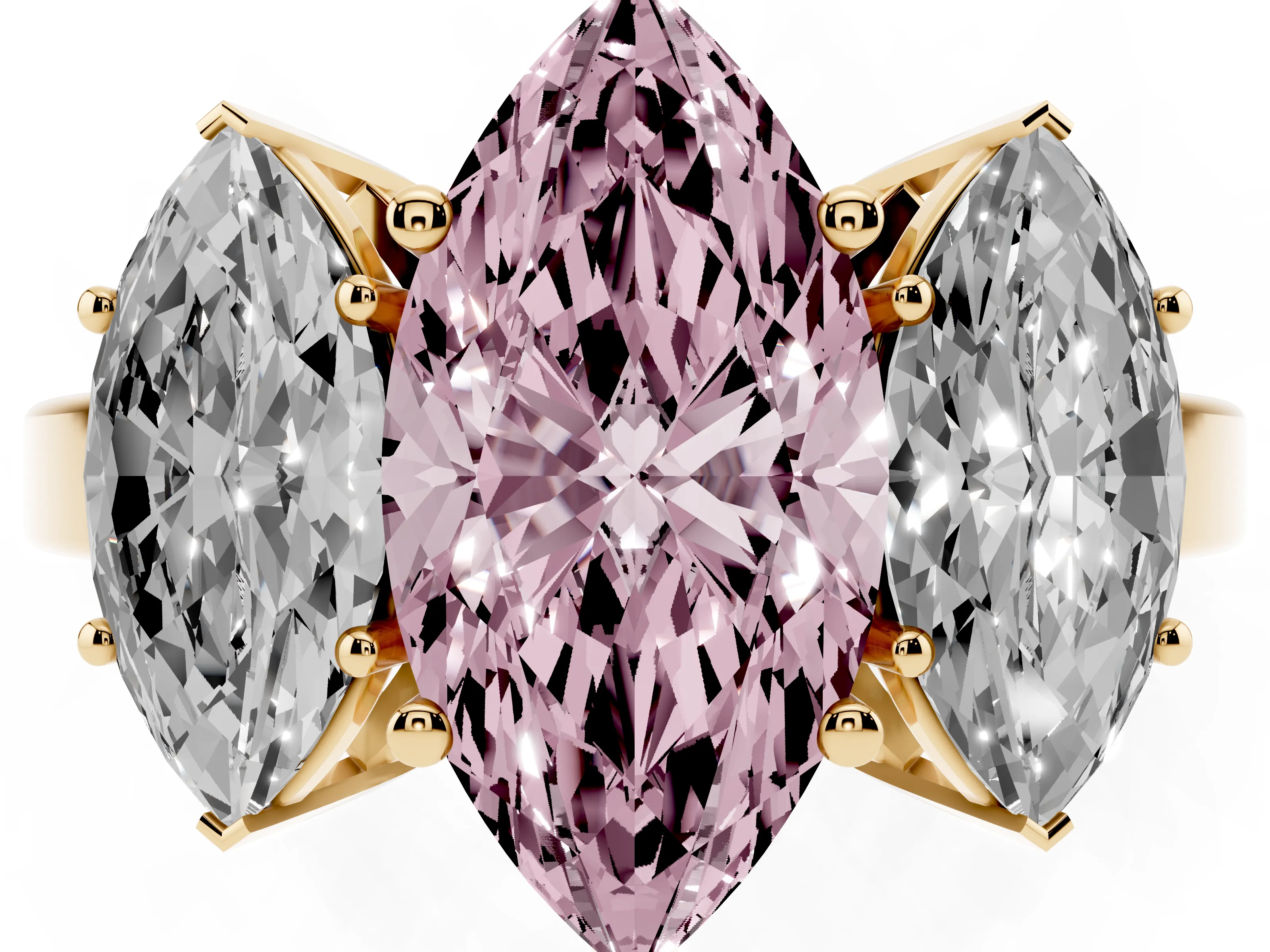 Fancy Pink Marquise Cut Diamond Three-Stone Engagement Ring Set in Yellow gold with Flat Band