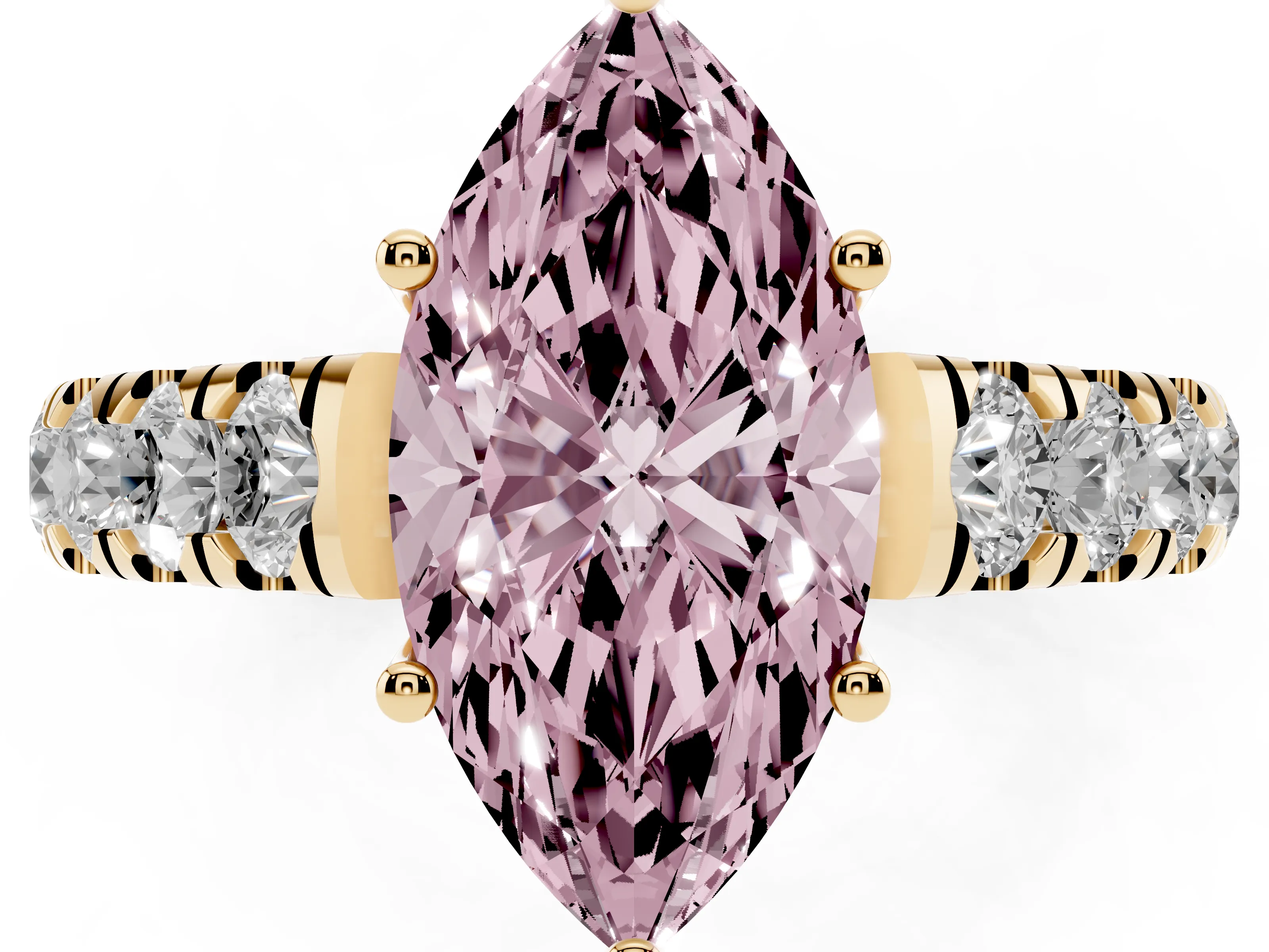 Fancy Pink Marquise Cut Diamond Solitaire Ring Set in Yellow gold with Cut-Down Micro Pavé Band and Prong Setting