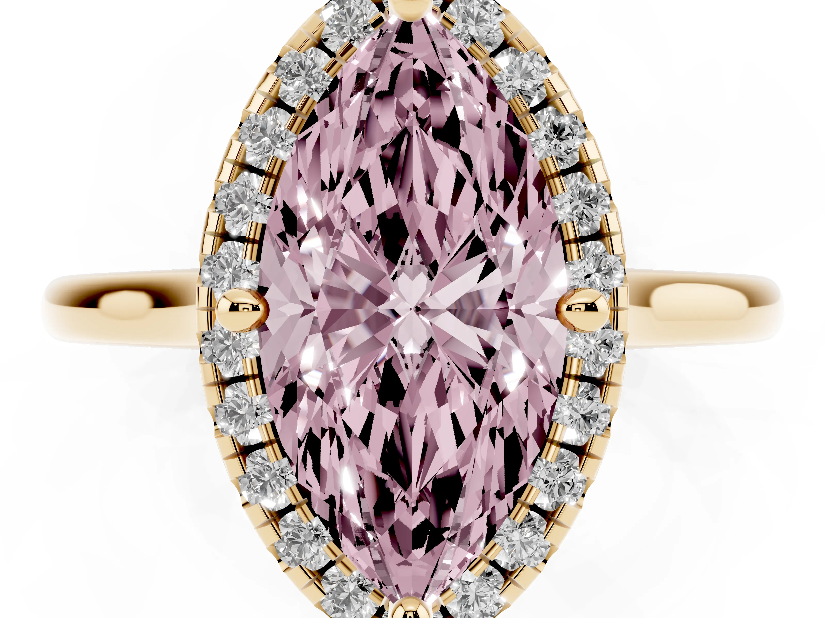 Fancy Pink Marquise Cut Diamond Halo Engagement Ring Set in Yellow gold with Pavé Band and Rising Shoulders