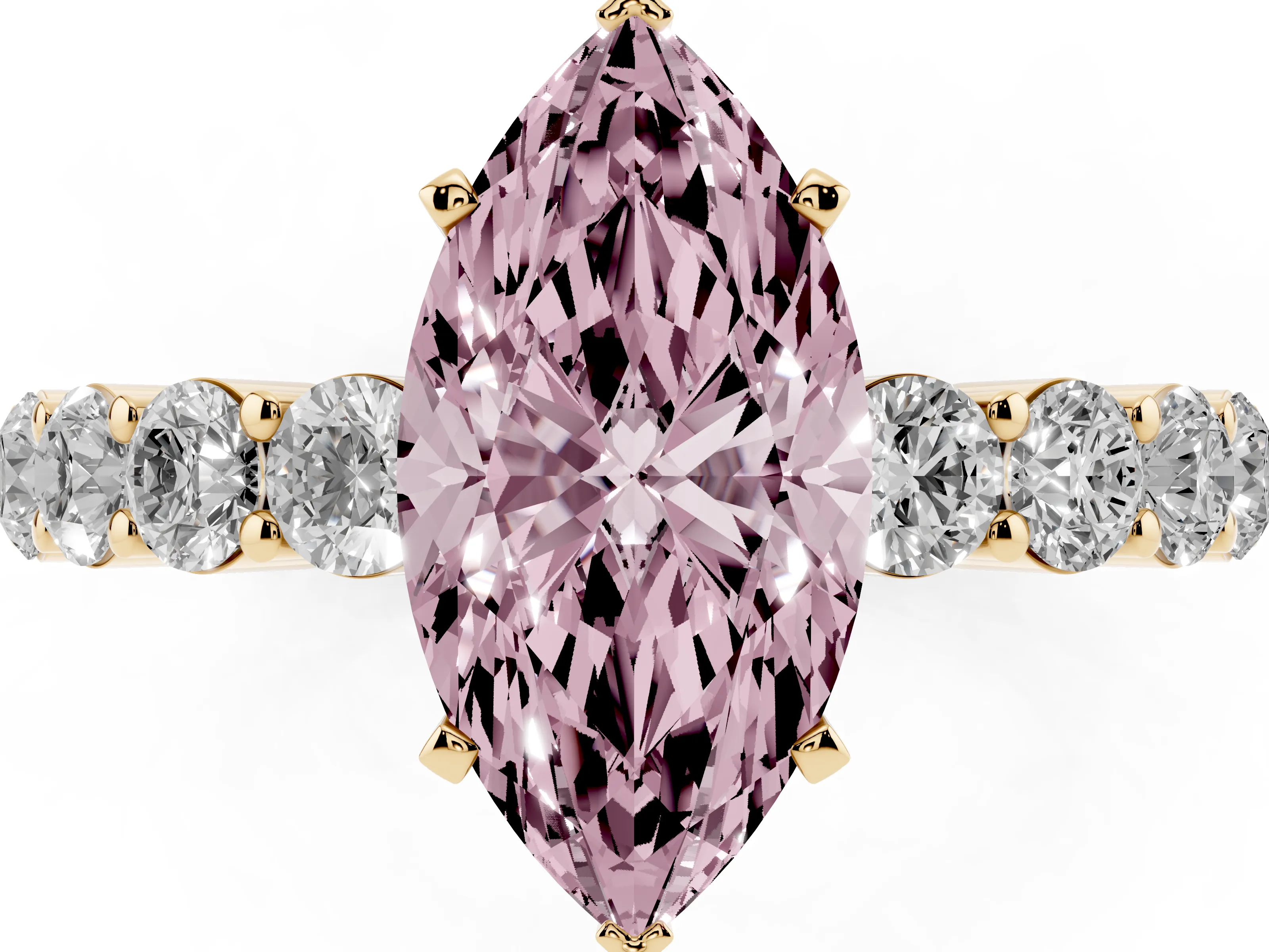 Fancy Pink Marquise Cut Diamond Solitaire Ring Set in Yellow gold with Shared Prong Round Side Stones