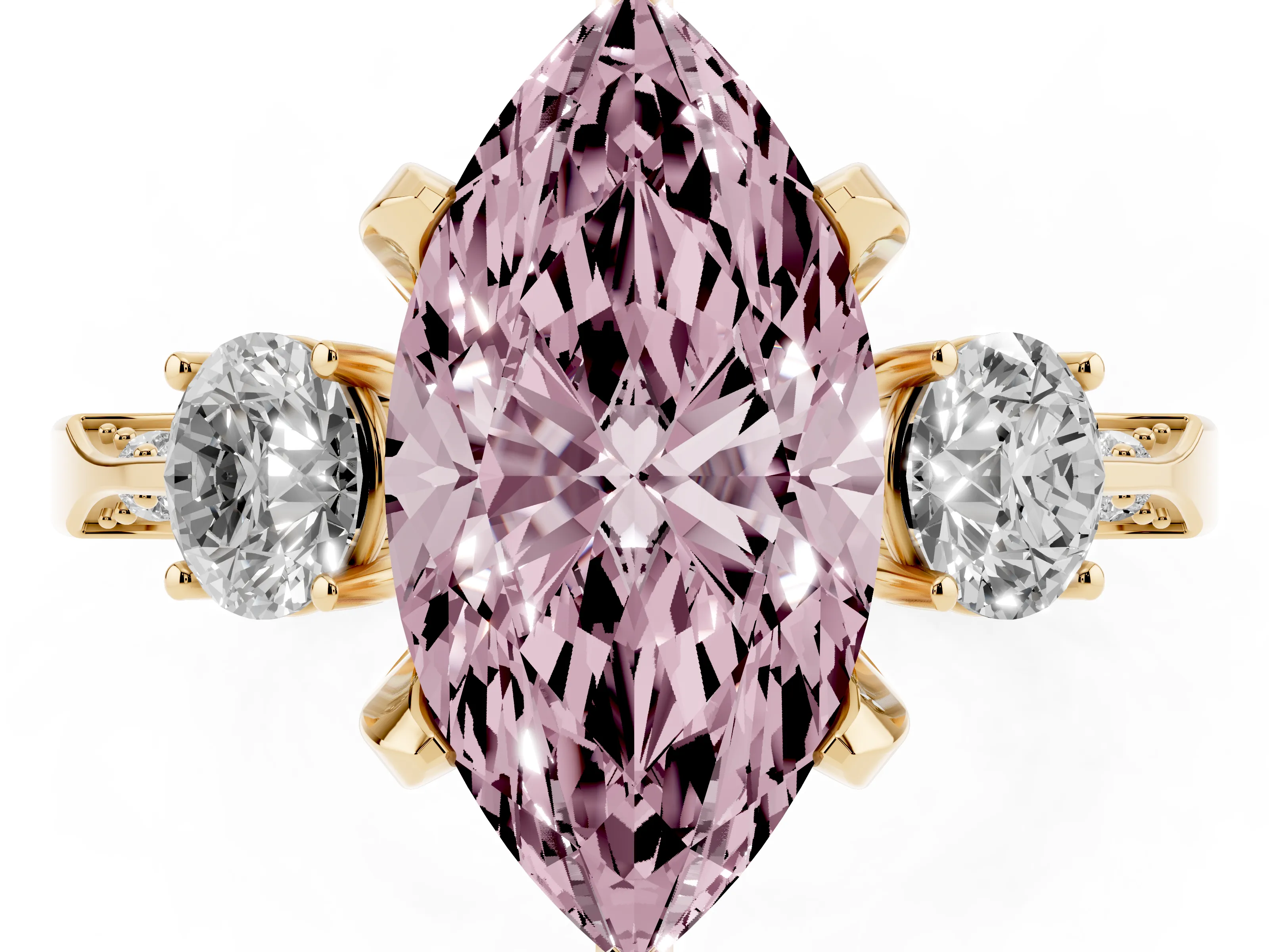 Fancy Pink Marquise Cut Diamond Three-Stone Ring Set in Yellow gold with Pavé Band and Smaller Side Stones