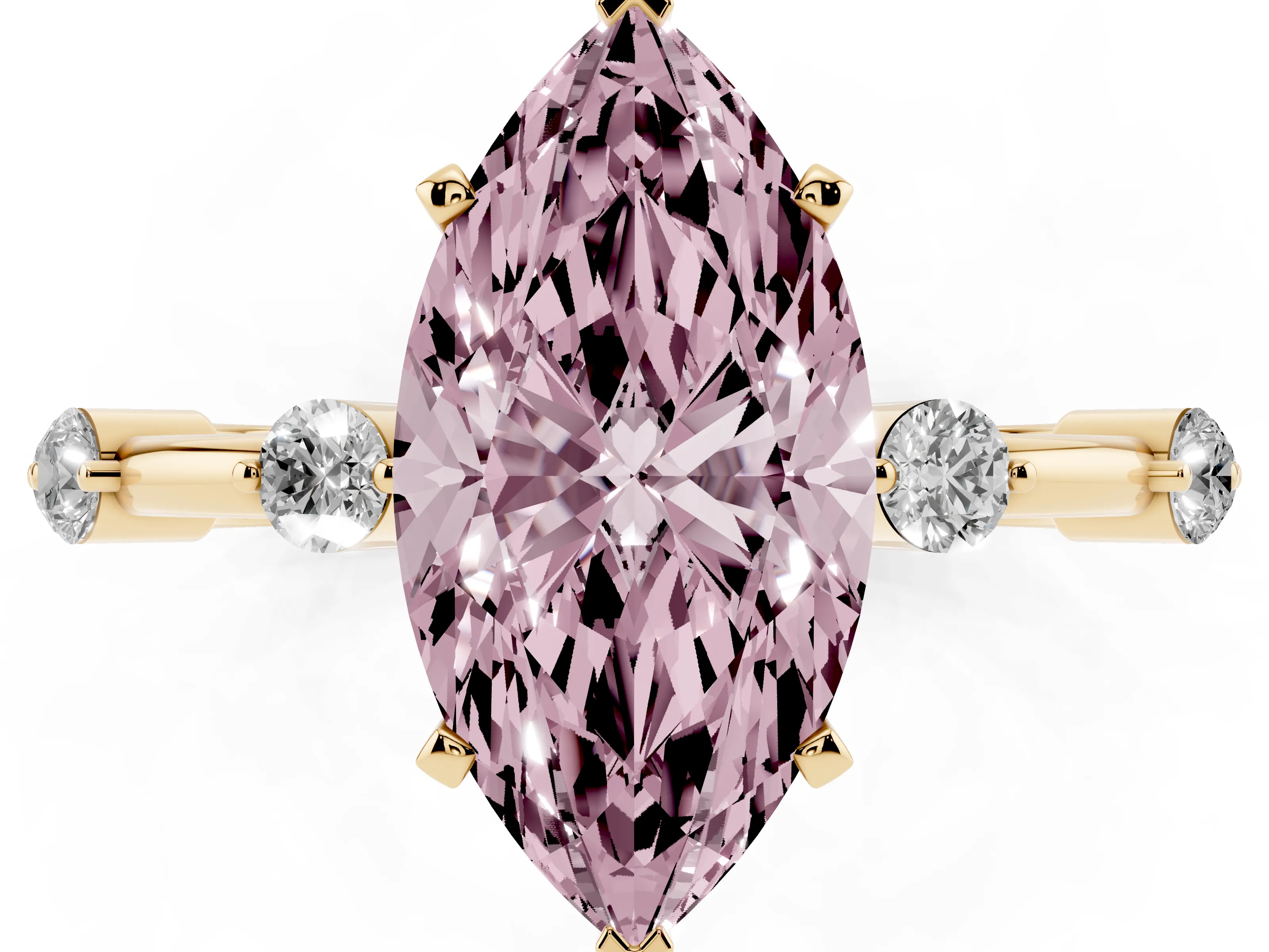 Fancy Pink Marquise Cut Diamond Solitaire Ring Set in Yellow gold with Bezel Set Side Stones and Prong Setting