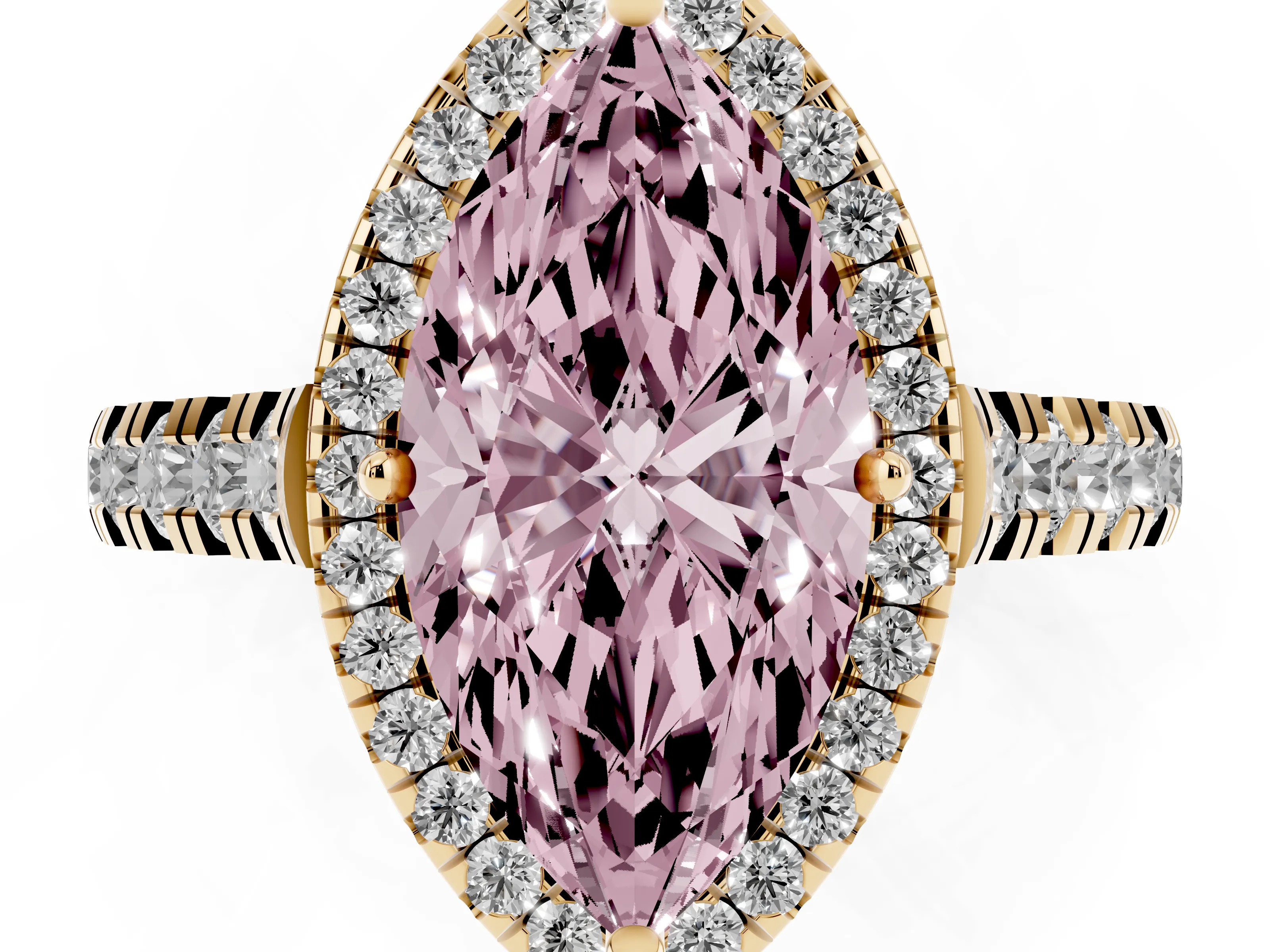 Fancy Pink Marquise Cut Diamond Halo Engagement Ring Set in Yellow gold with Pavé Band and Prong-Set Center