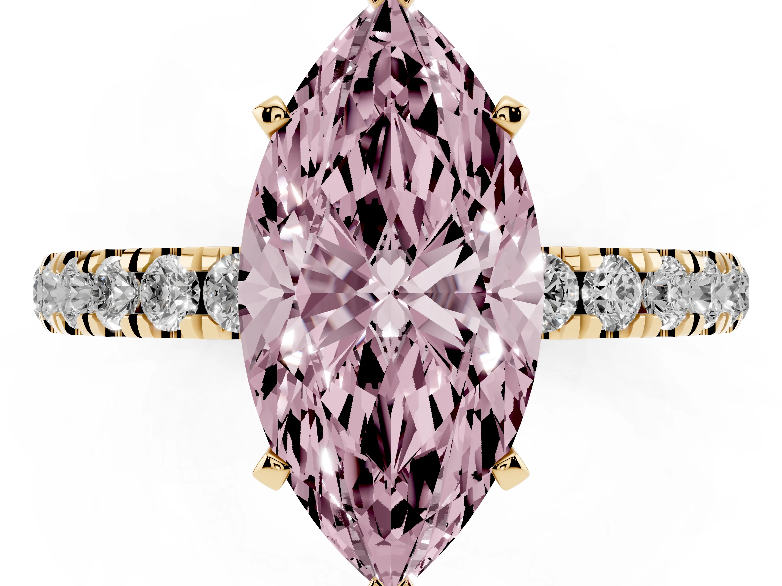 Fancy Pink Marquise Cut Diamond Solitaire Ring Set in Yellow gold with Pavé Accents and Prong Setting
