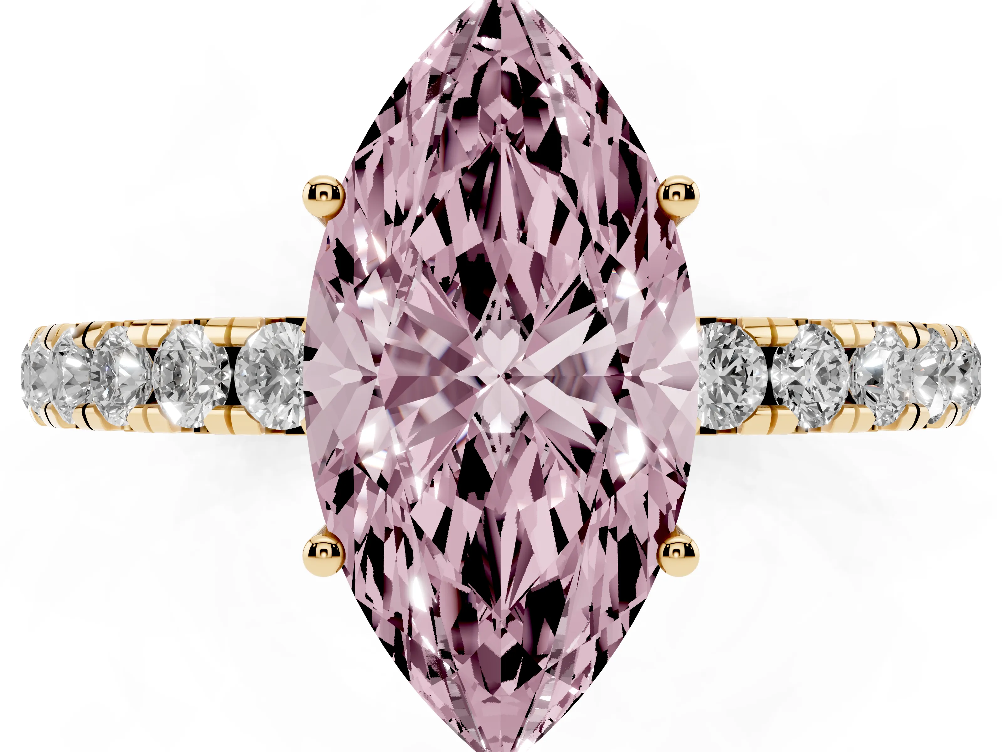 Fancy Pink Marquise Cut Diamond Pavé Solitaire Engagement Ring Set in Yellow gold with Prong Setting