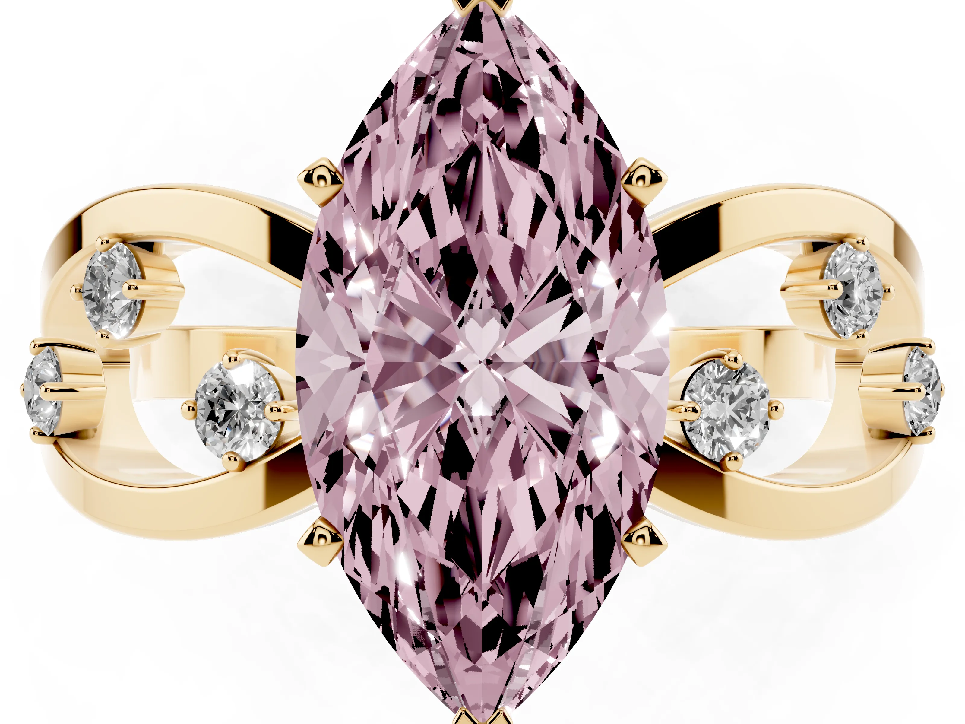 Fancy Pink Marquise Cut Diamond Solitaire Ring Set in Yellow gold with Side Stones on Criss-Cross Band and Prong Setting