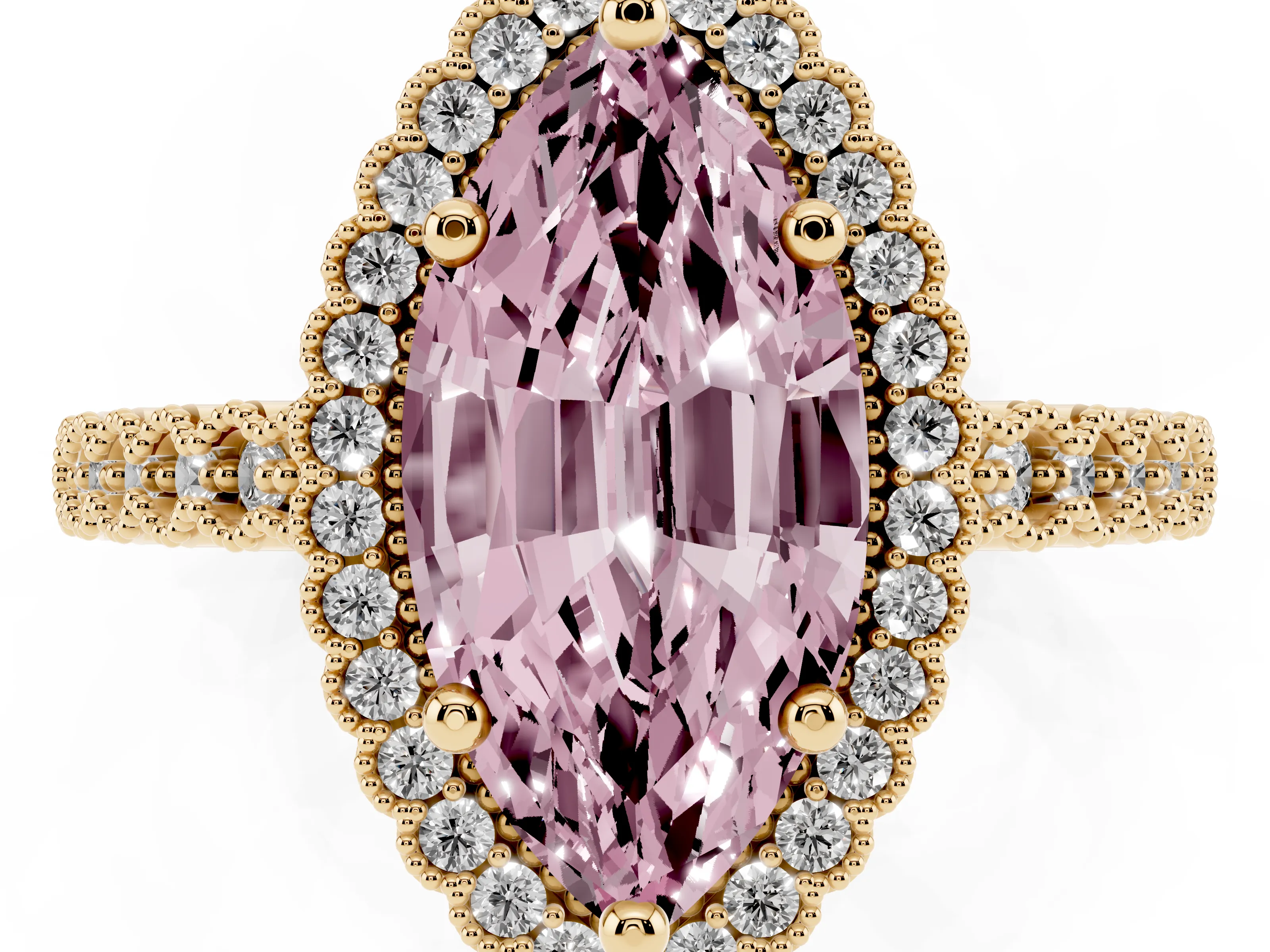 Fancy Pink Marquise Cut Diamond Halo Ring Set in Yellow gold with Pavé Milgrain Band