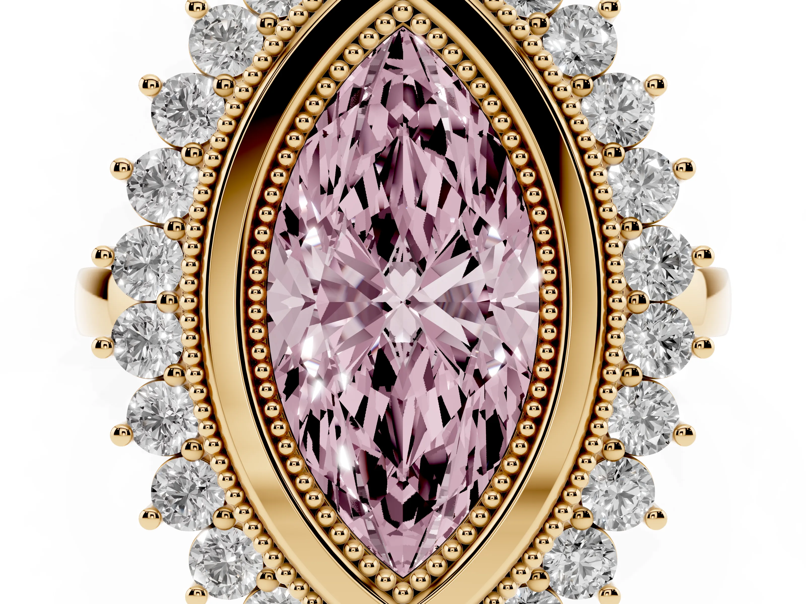 Fancy Pink Marquise Cut Diamond Halo Ring Set in Yellow gold with Milgrain Edge and Round Prong Setting