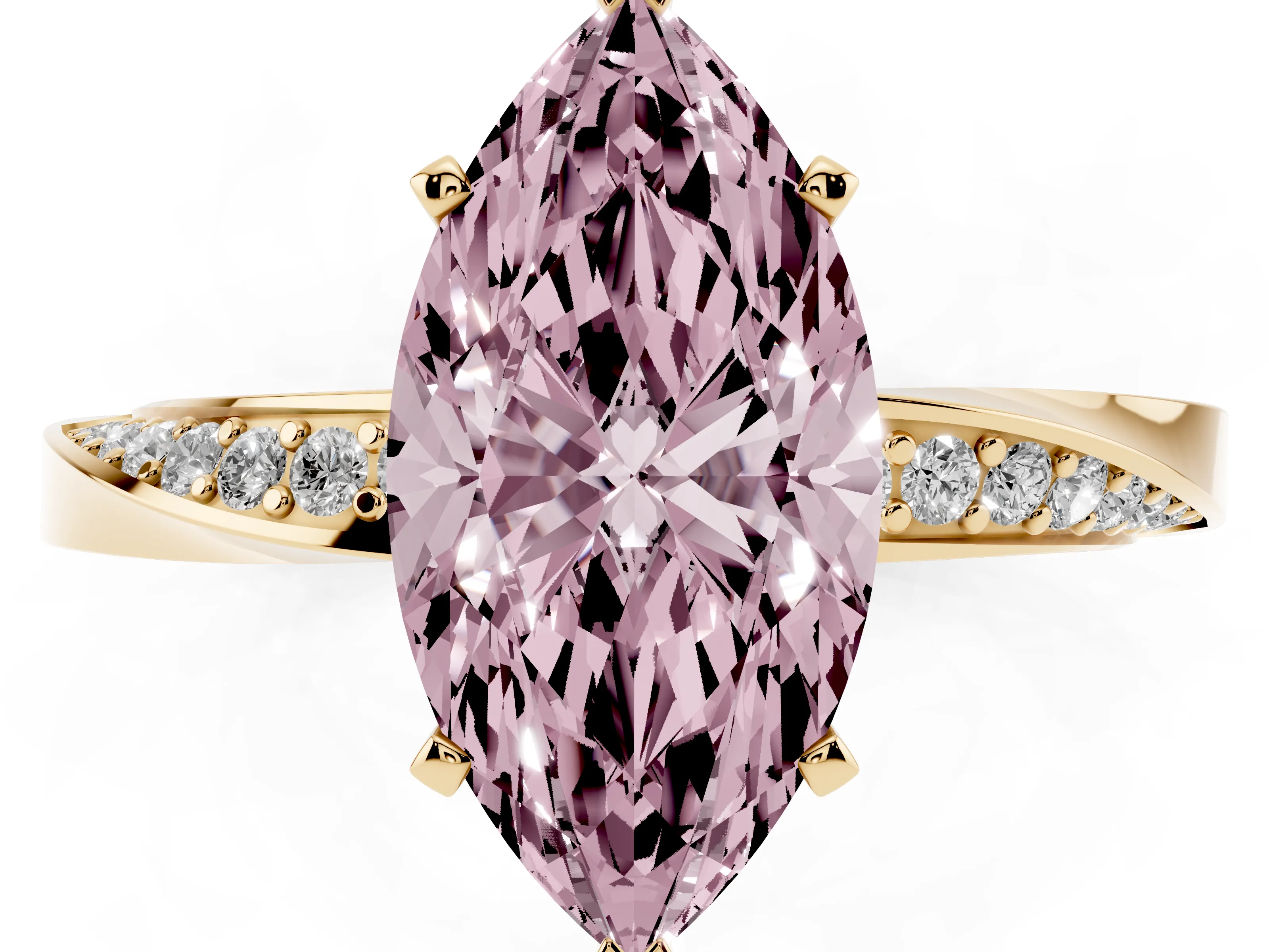Fancy Pink Marquise Cut Diamond Engagement Ring Set in Yellow gold with Side Stone Accents and Prong Setting