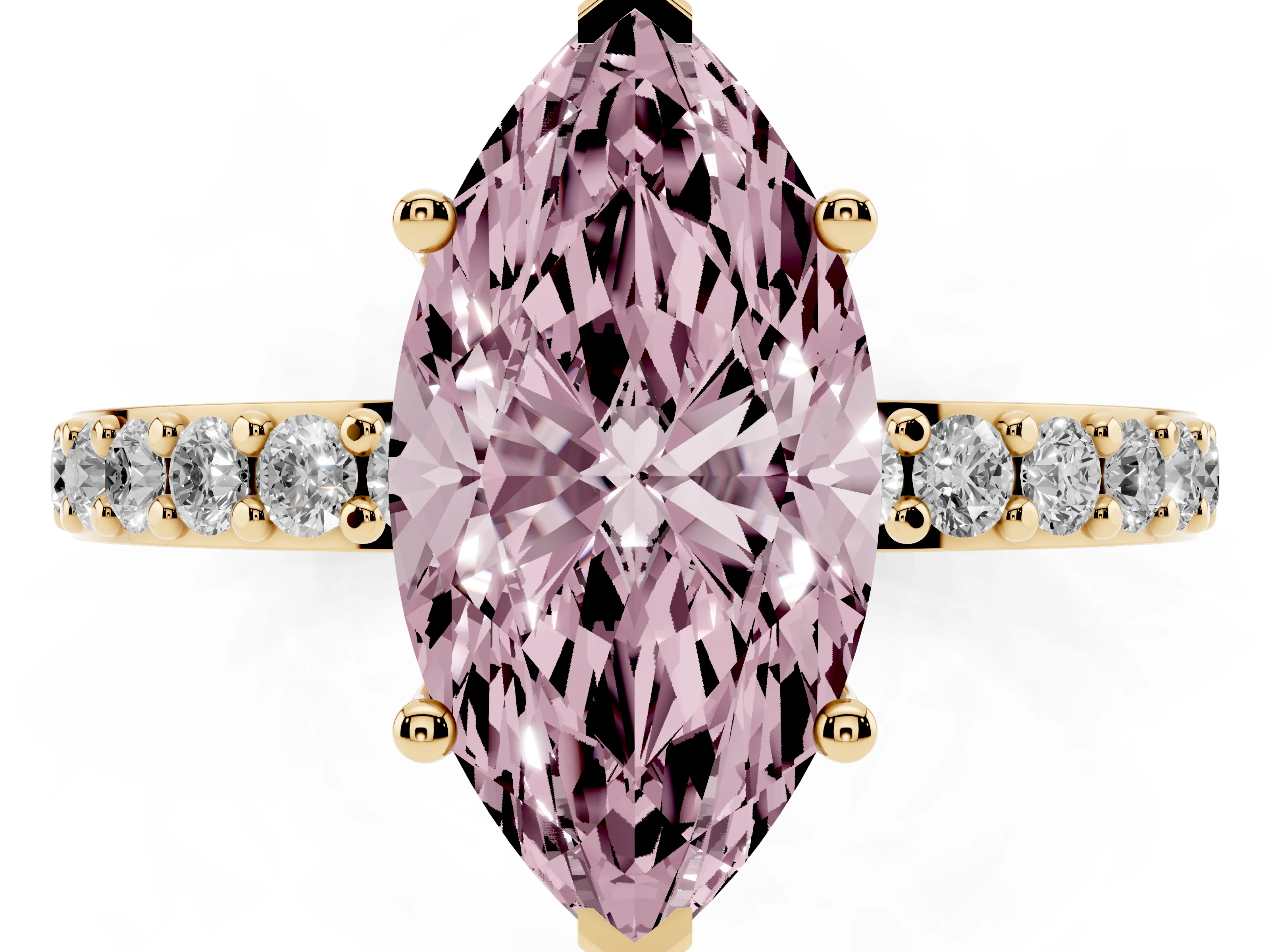 Fancy Pink Marquise Cut Diamond Solitaire Set in Yellow gold with Round Pavé Band and Prong Setting