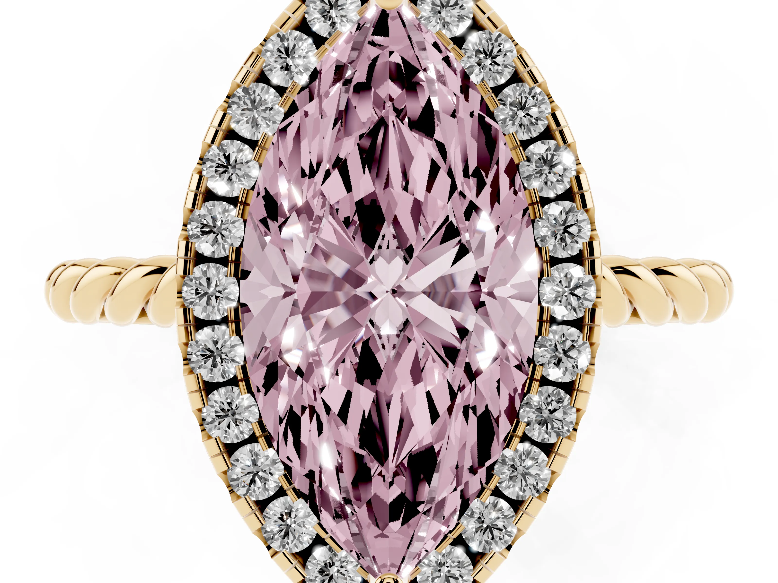 Fancy Pink Marquise Cut Diamond Halo Ring Set in Yellow gold with Plain Twisted Band