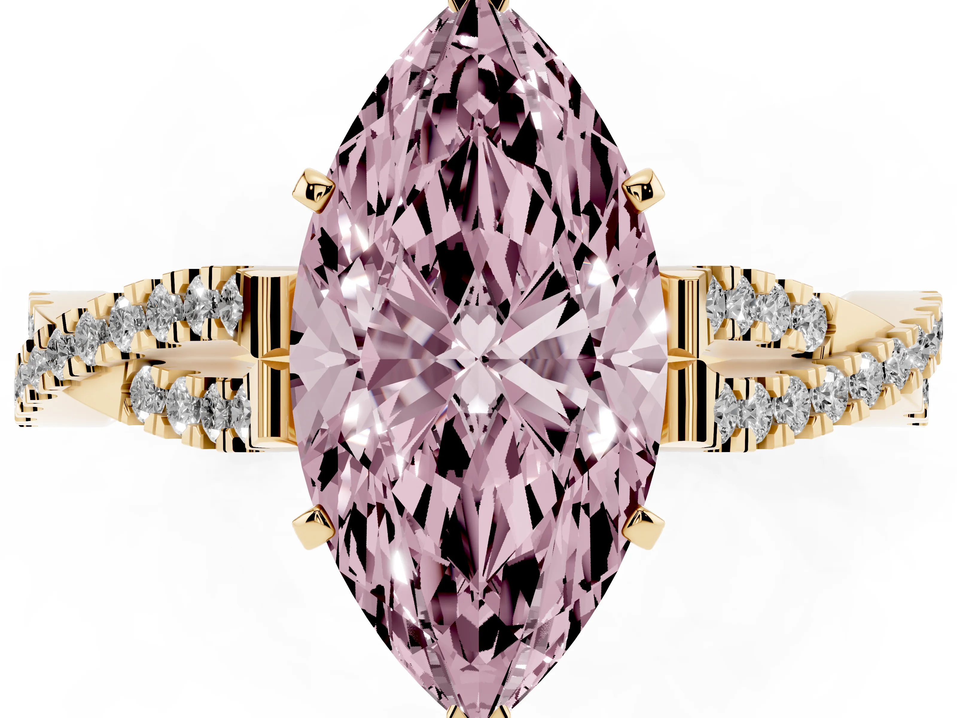 Fancy Pink Marquise Cut Diamond Solitaire Engagement Ring Set in Yellow gold with Twisted Pavé Band and Prong Setting