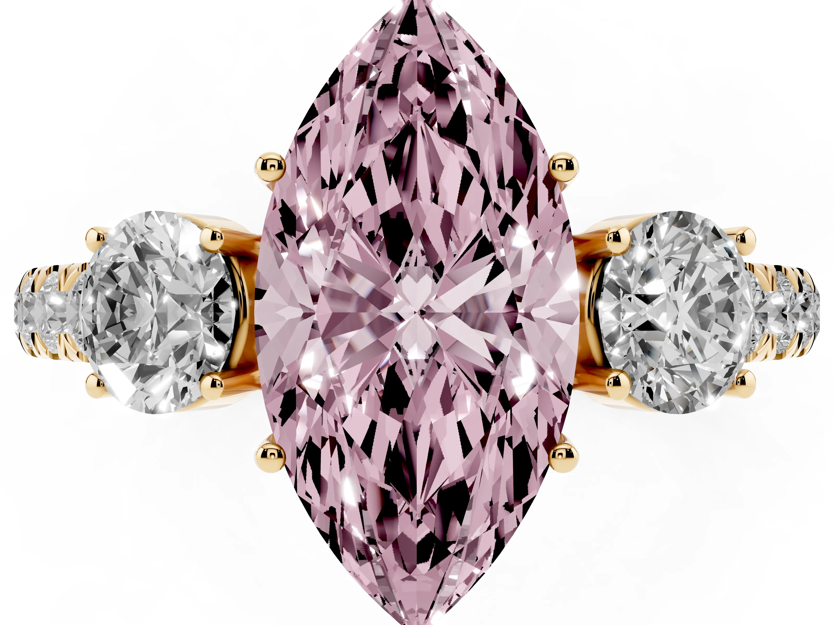 Fancy Pink Marquise Cut Diamond Three-Stone Ring Set in Yellow gold with Round Side Stones and Delicate Pavé Band