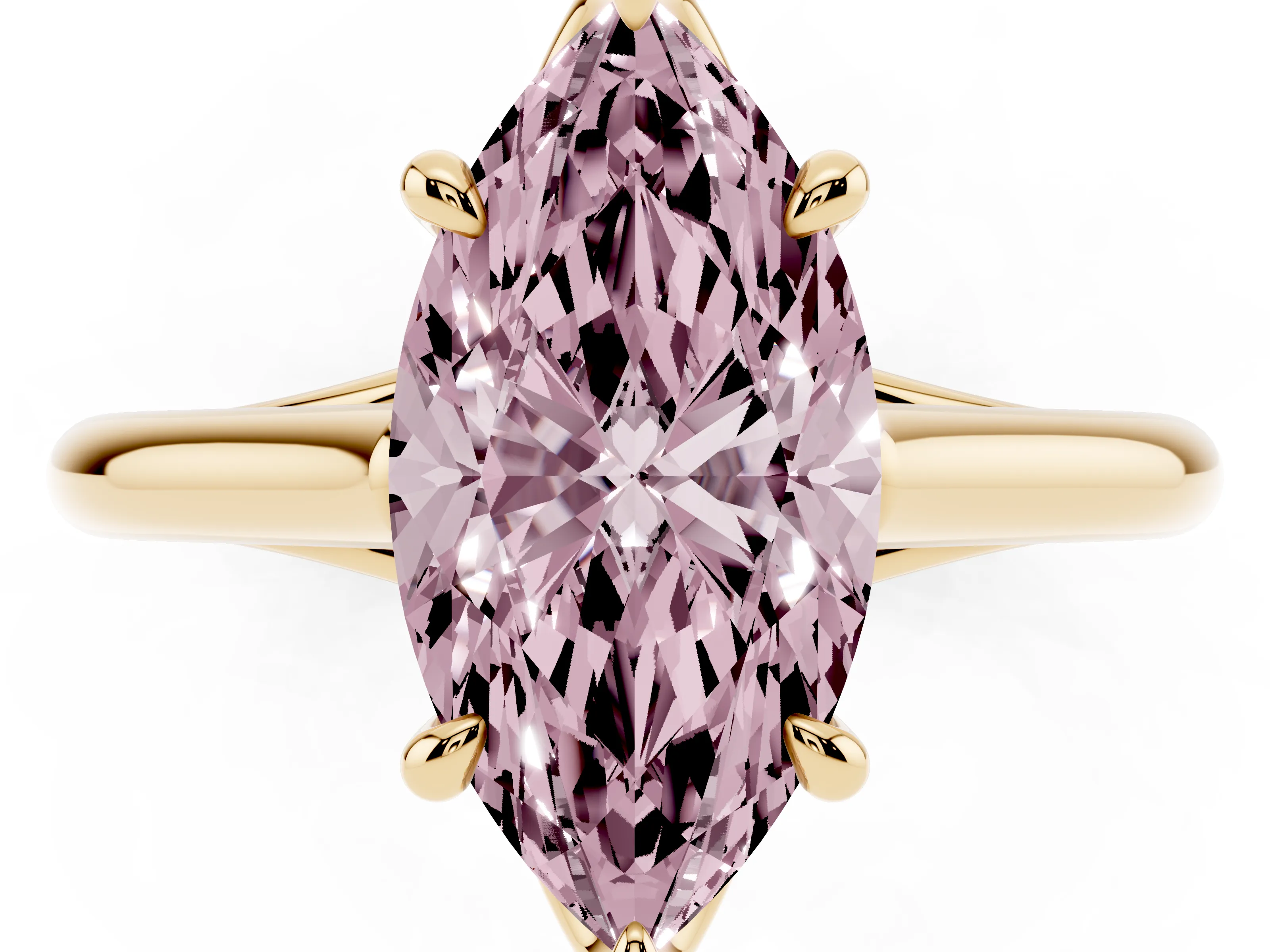 Fancy Pink Marquise Cut Diamond Solitaire Engagement Ring Set in Yellow gold with Prong Setting and Plain Classic Band