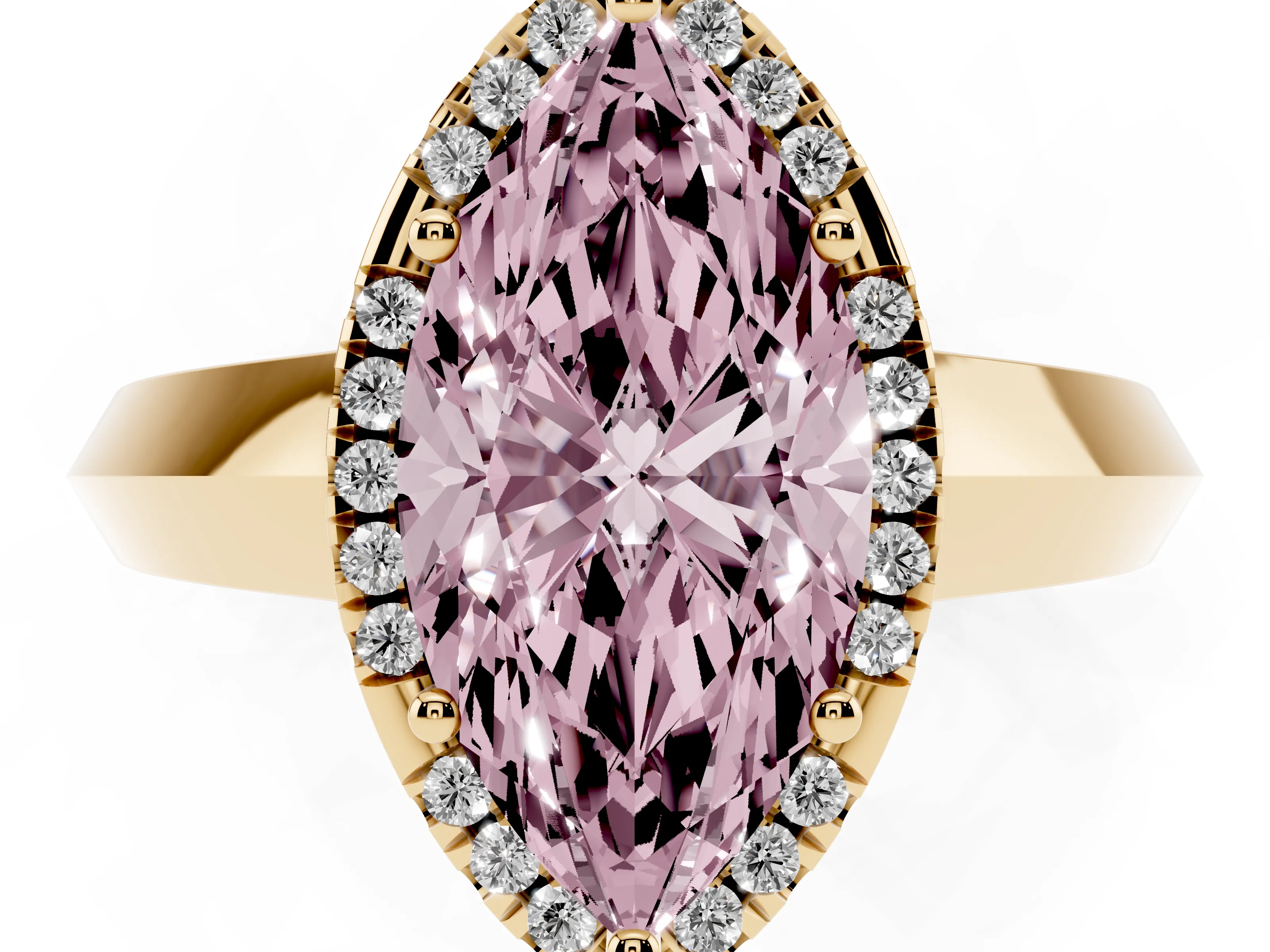 Fancy Pink Marquise Cut Diamond Halo Ring Set in Yellow gold with Cathedral Band and Prong Setting