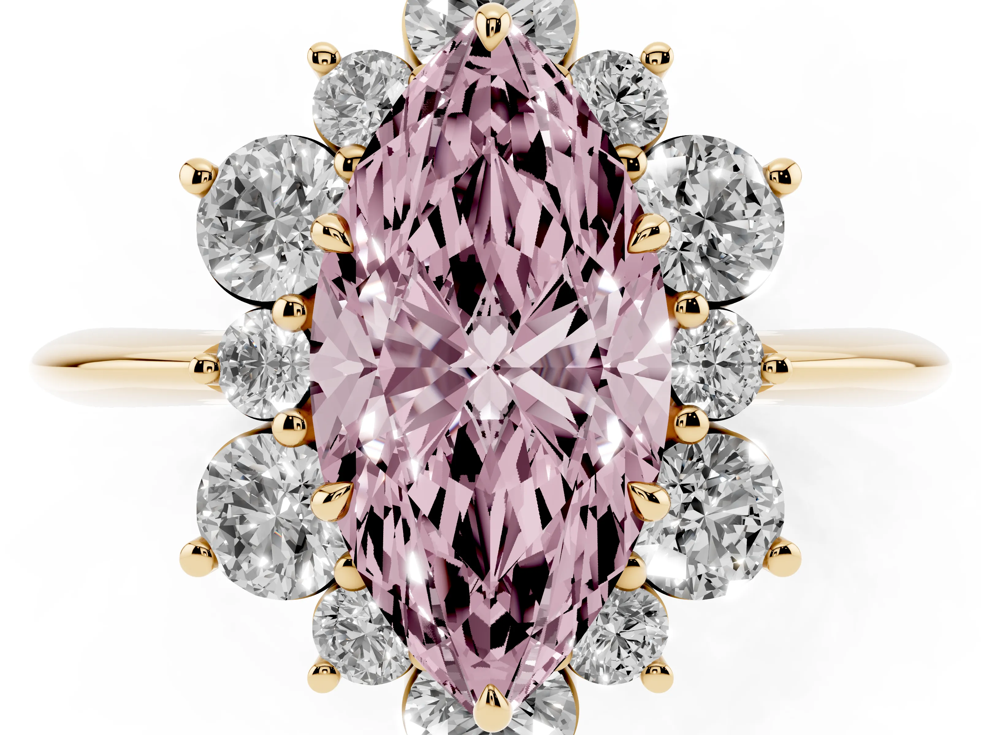 Fancy Pink Marquise Cut Diamond Cluster Halo Ring Set in Yellow gold with Solitaire Band and Prong Setting