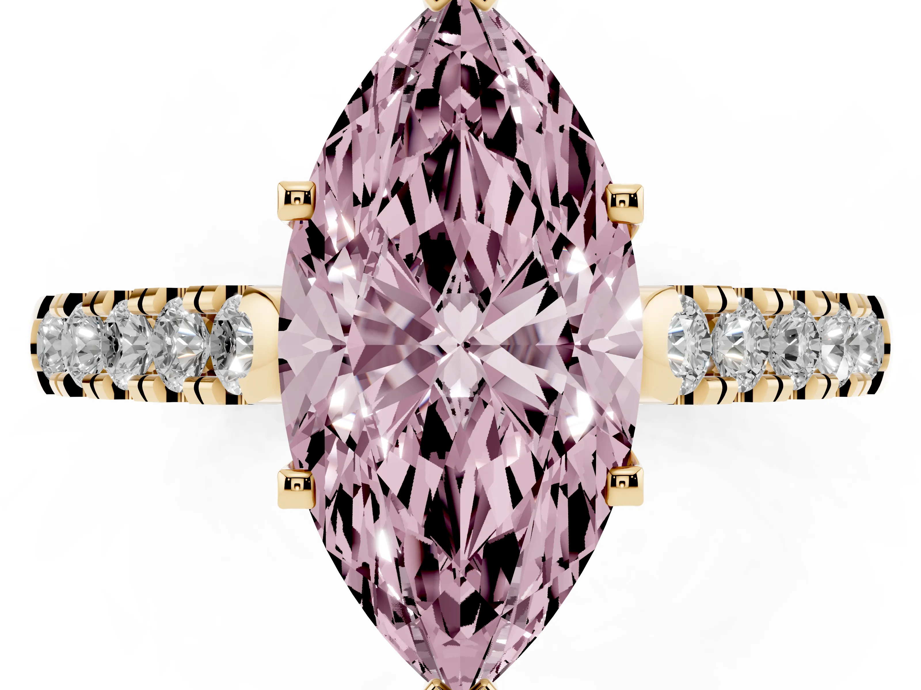 Fancy Pink Marquise Cut Diamond Pavé Band Solitaire Ring Set in Yellow gold with Partway Accent Stones and Prong Setting