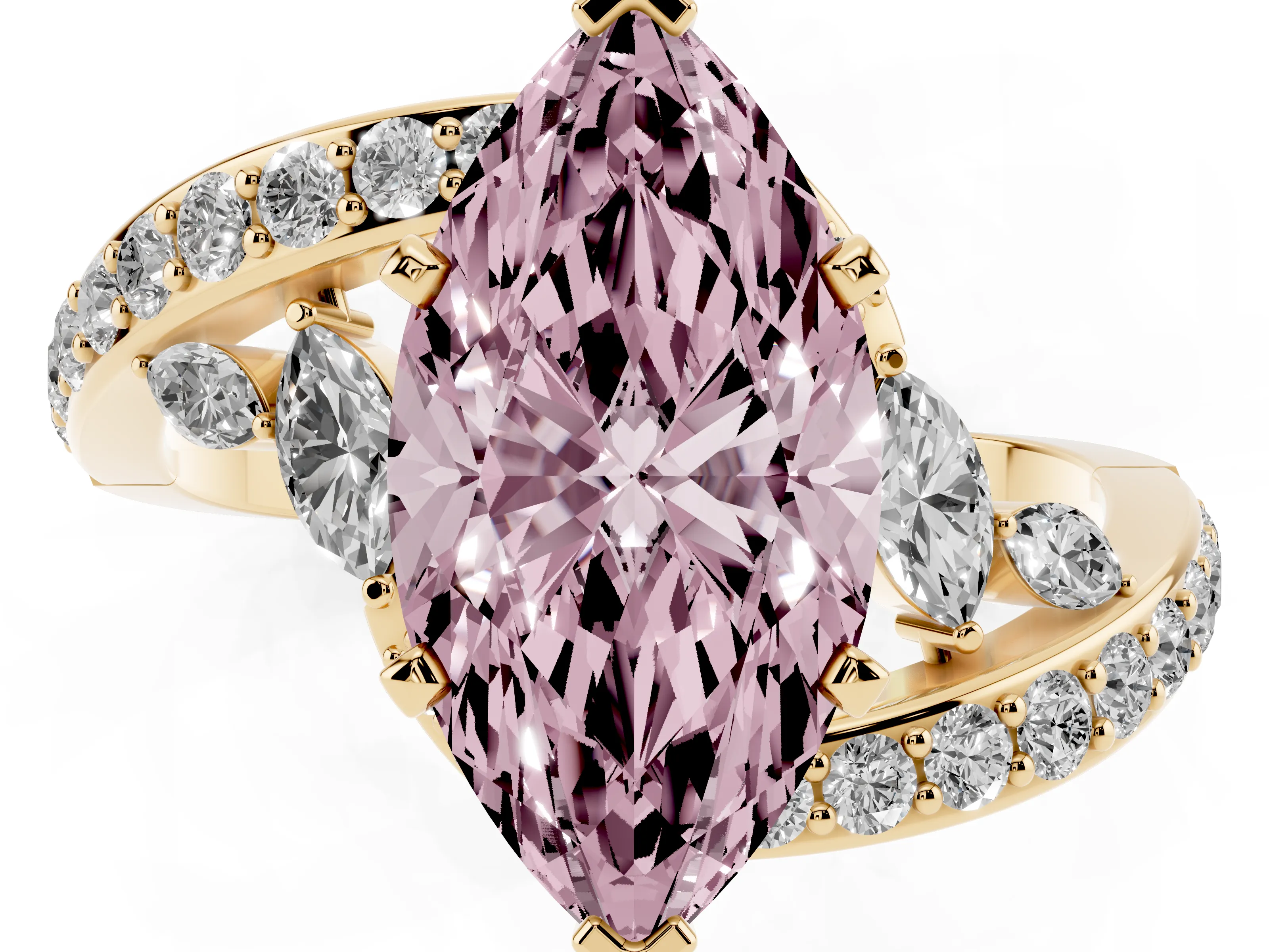 Fancy Pink Marquise Cut Diamond Solitaire Ring Set in Yellow gold with Pavé Twist Band and Secure Prong Setting