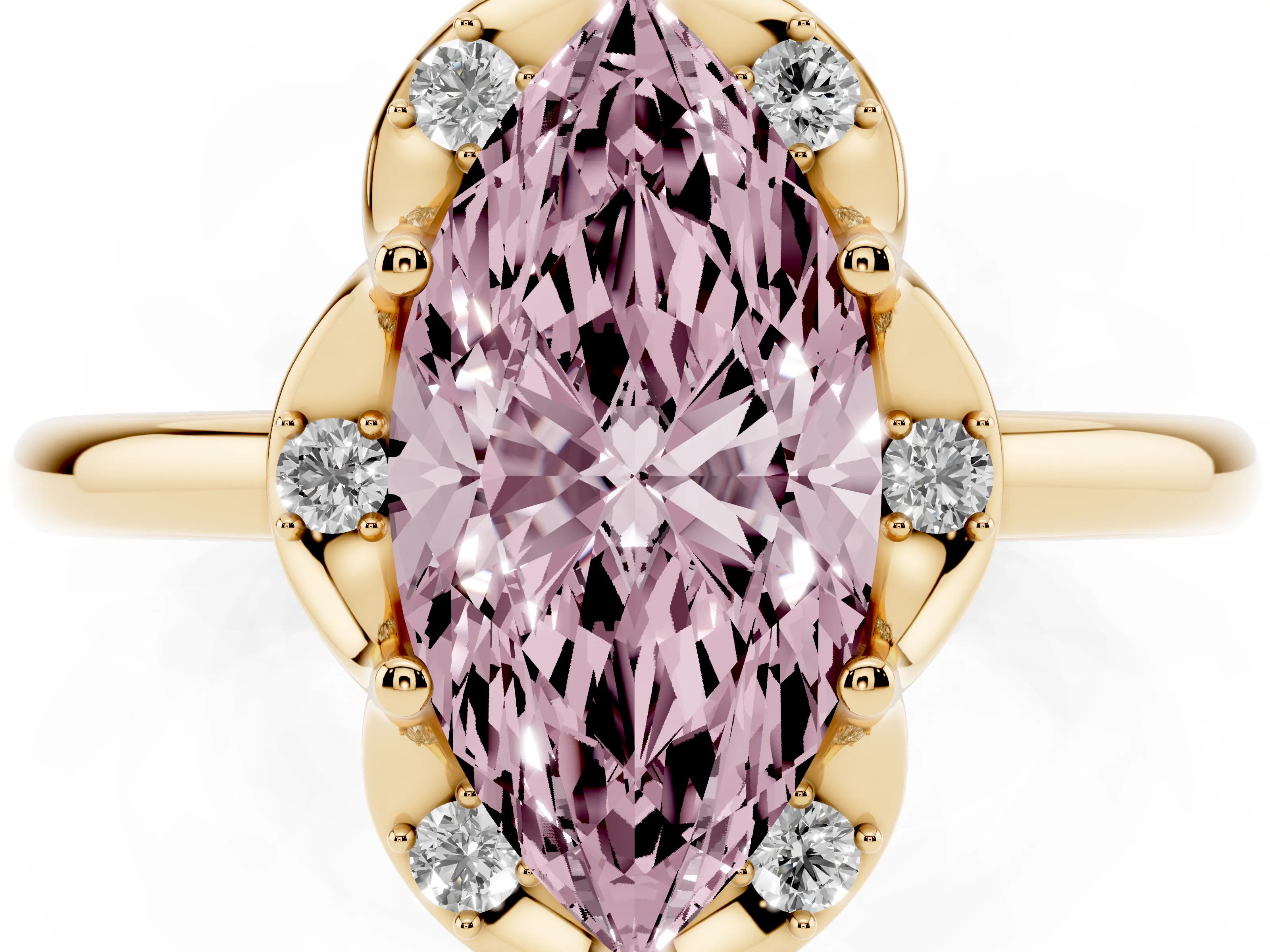 Fancy Pink Marquise Cut Diamond Round Cluster Halo Ring Set in Yellow gold with Solitaire Band and Prong Setting