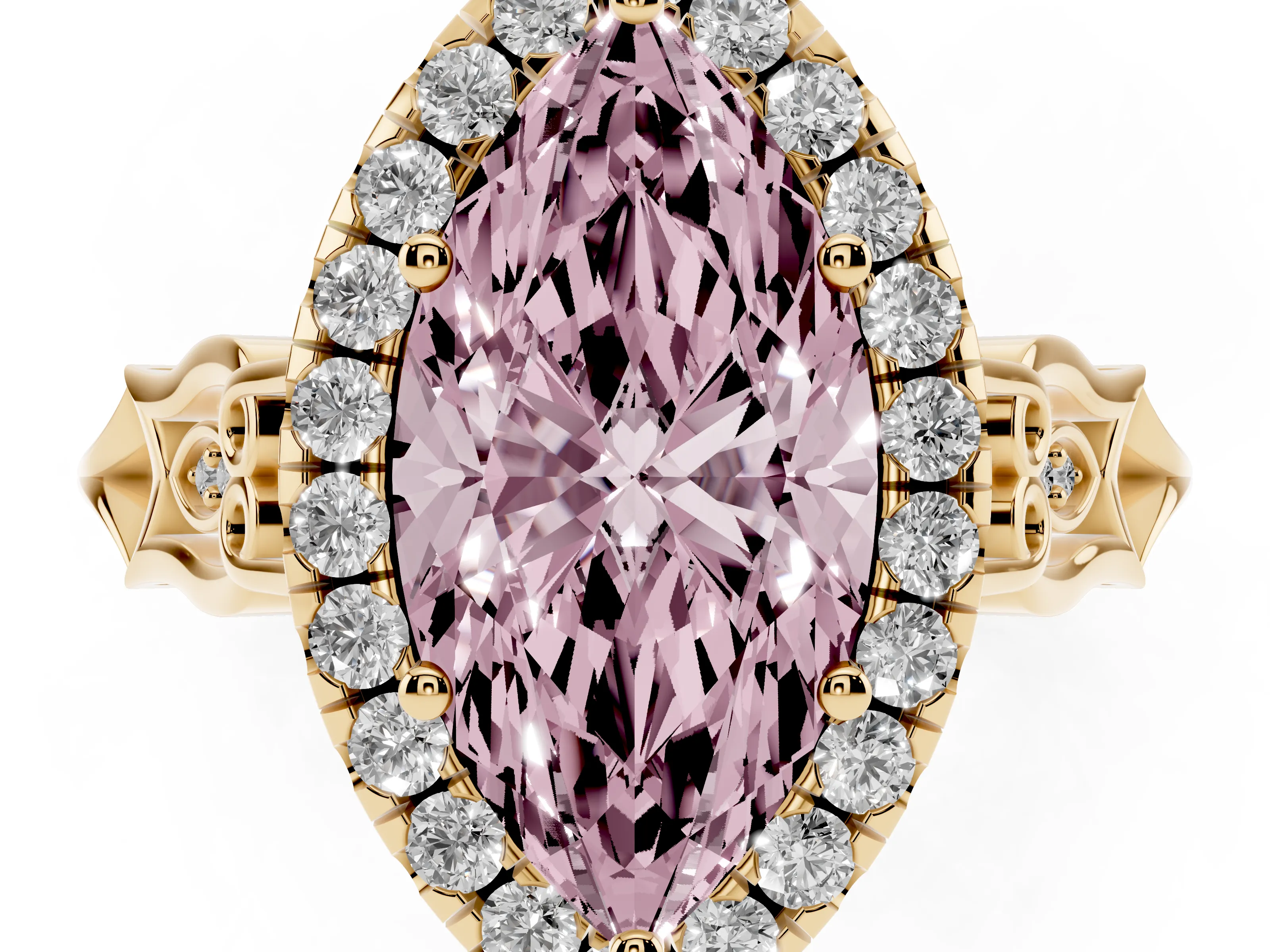 Fancy Pink Marquise Cut Diamond Halo Engagement Ring Set in Yellow gold with Filigree Band and Prong-Set Center