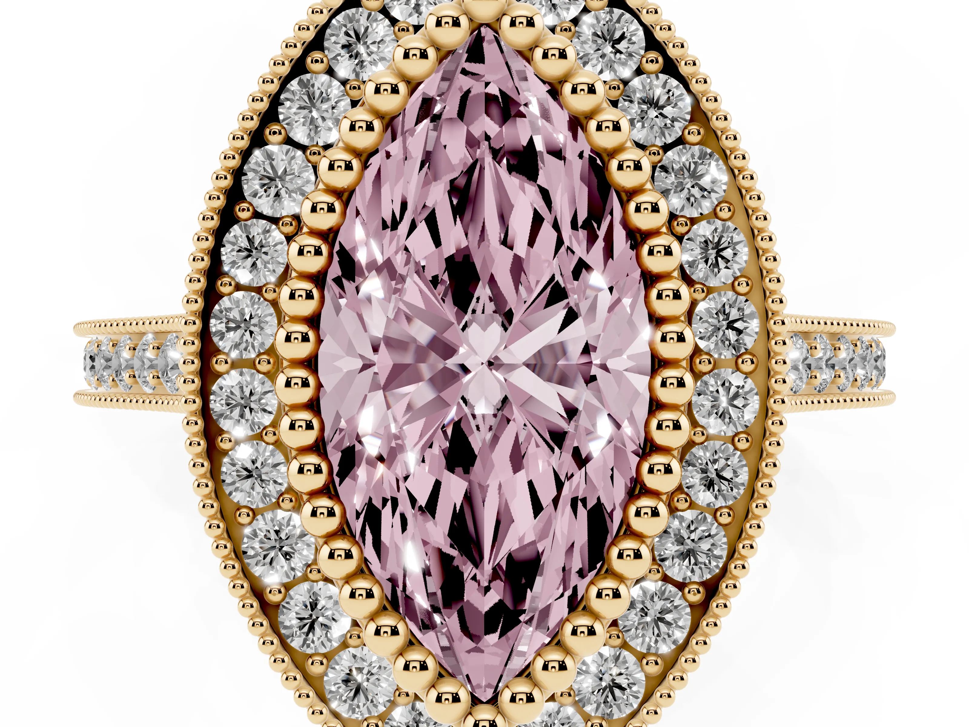 Fancy Pink Marquise Cut Diamond Halo Ring Set in Yellow gold with Milgrain Frame and Pavé Band