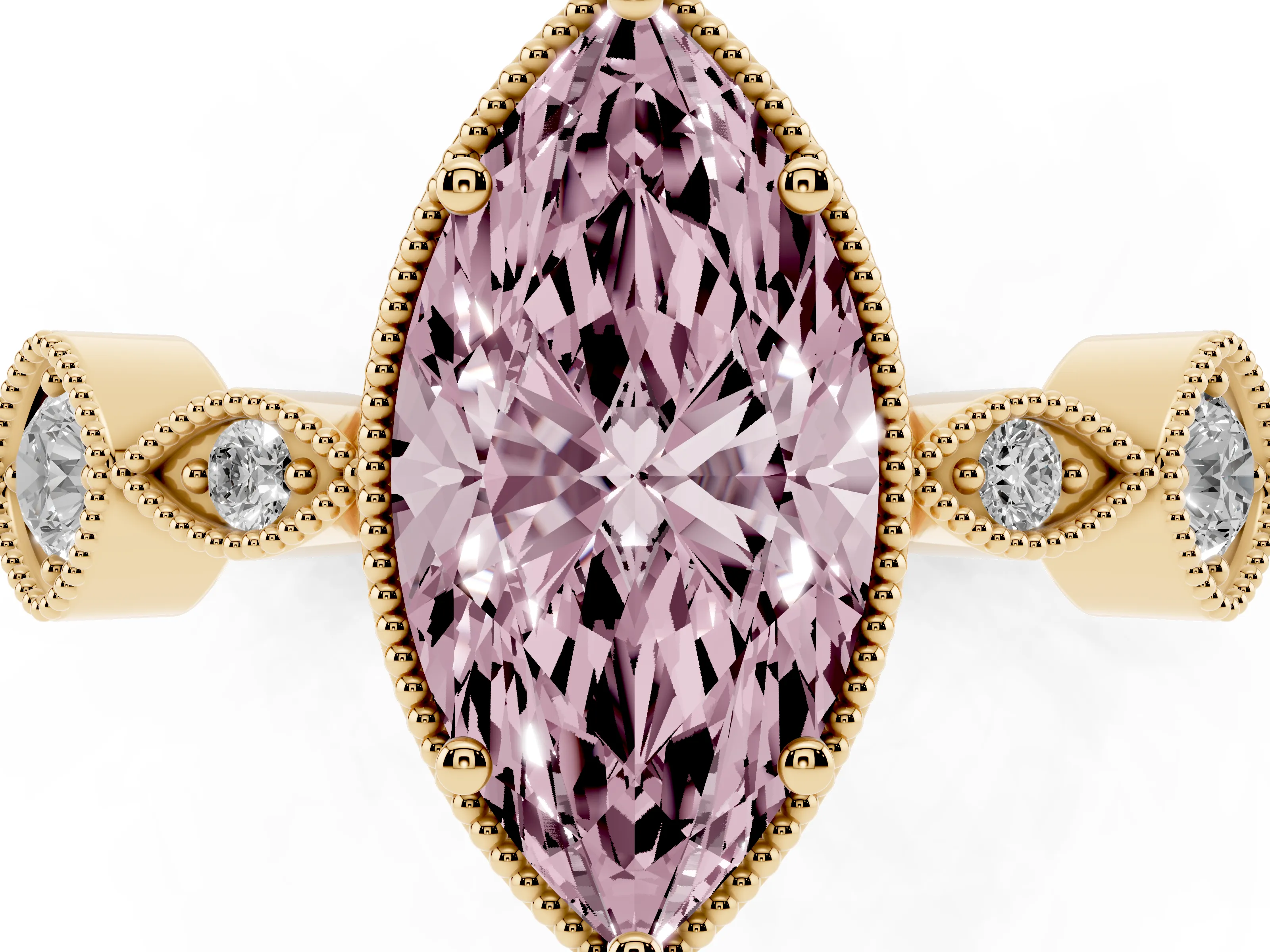Fancy Pink Marquise Cut Diamond Vintage-Inspired Milgrain Ring Set in Yellow gold with Marquise Stations of Round Accents