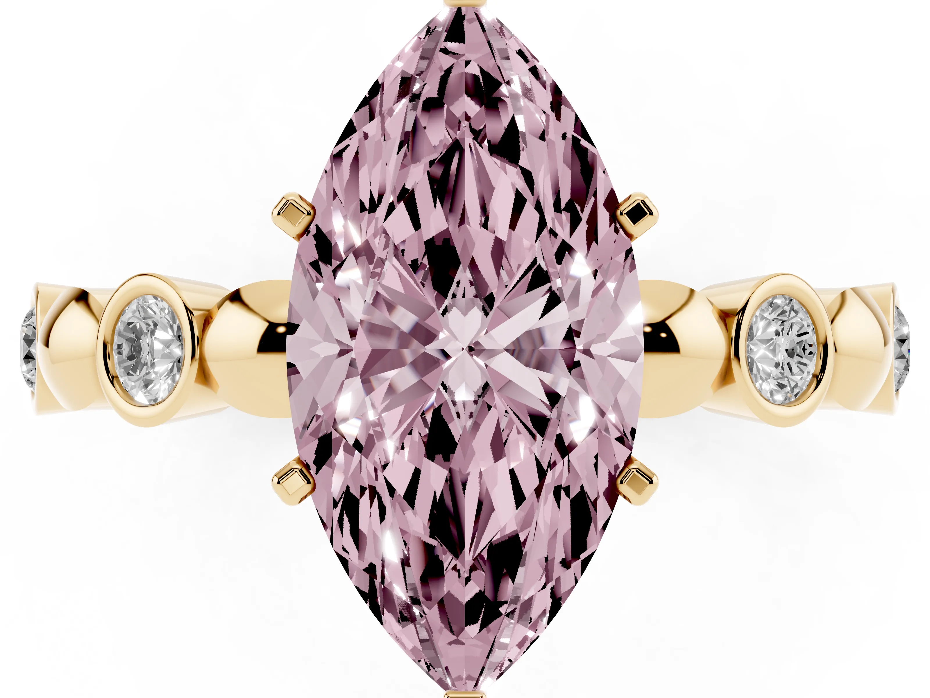 Fancy Pink Marquise Cut Diamond Solitaire Ring Set in Yellow gold with Bezel-Set Accents on Beaded Band and Prong Setting