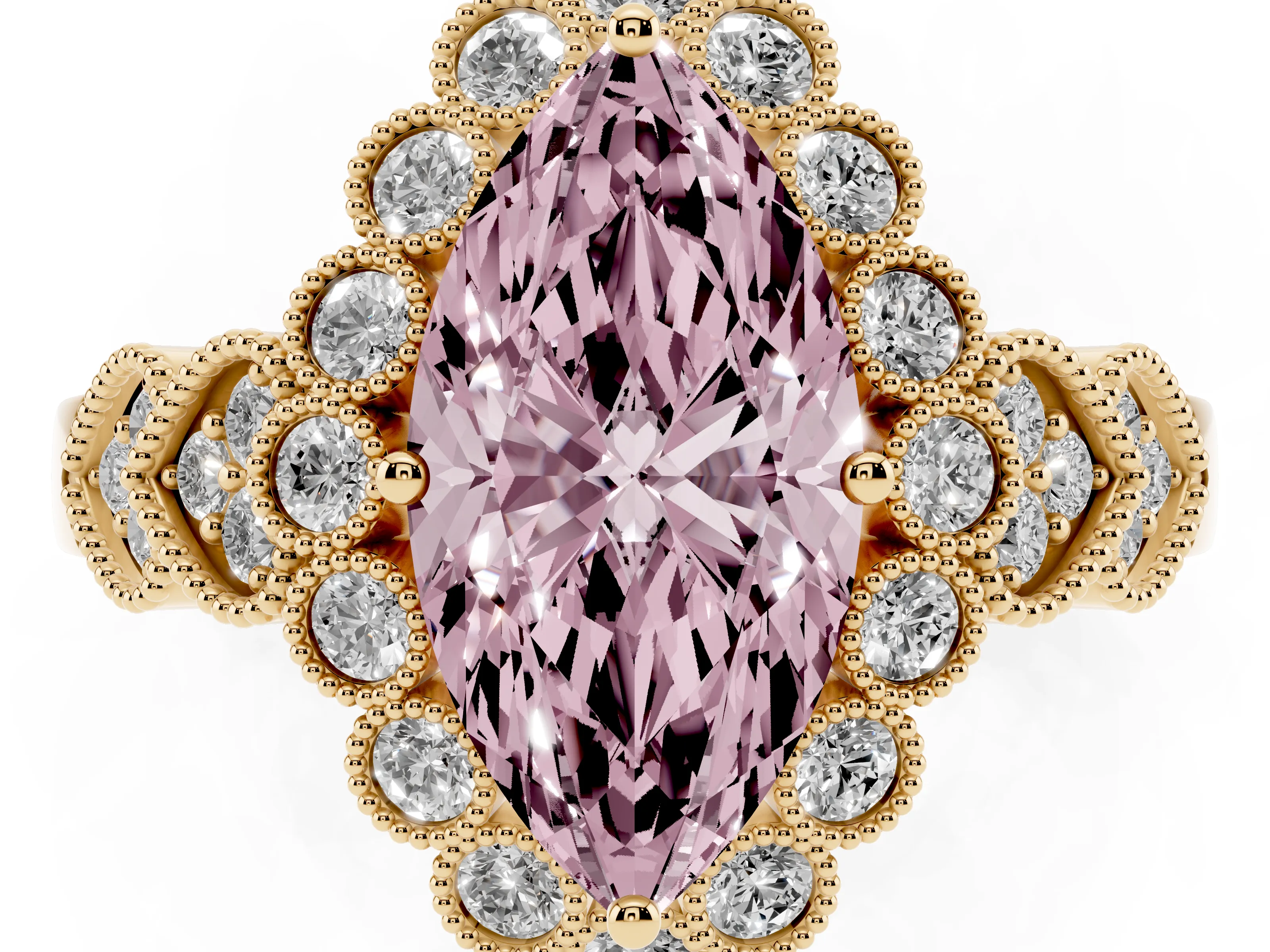 Fancy Pink Marquise Cut Diamond Solitaire Ring Set in Yellow gold with Milgrain Pavé Heart Band